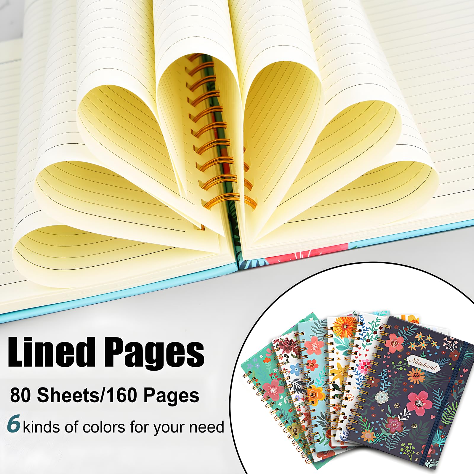 Coopay Paquete de 6 cuadernos en espiral A5 para mujer, cuadernos de composición con rayas universitarias, diario en espiral de tapa dura, lindo florecimiento, suministros de oficina, escuela
