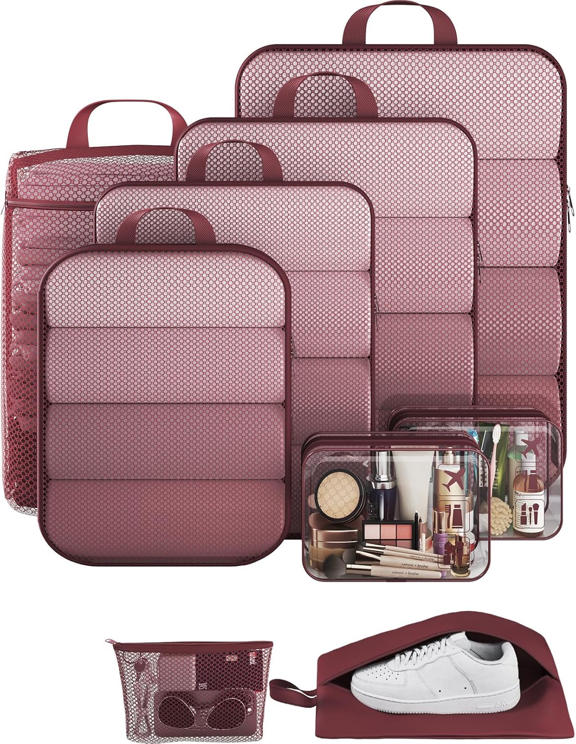 Veken 9/11 Set Compression Packing Cubes for Travel Essentials,Compressible Expandable Large Luggage Suitcase Organizer Bags for Clothing,Durable Space Saver Storage Bags with Toiletry Bags(Wine Red)