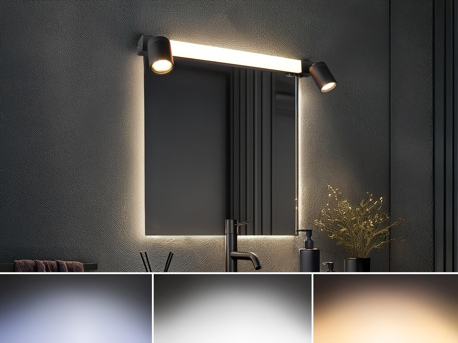 Lampada da specchio da bagno con 2 faretti e interruttore, colore nero, larghezza 60 cm