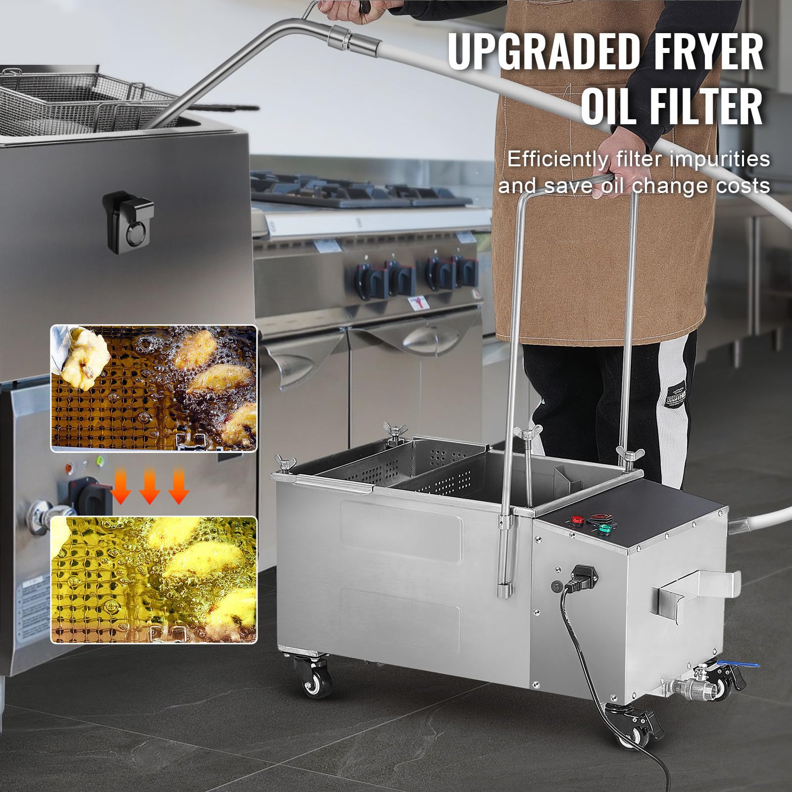 Mobilny filtr frytkownicy, pojemność zbiornika oleju 38 l, prędkość filtracji oleju 10 l/min, filtr do frytownicy ze stali nierdzewnej do restauracji, straganów z żywnością i koncesji