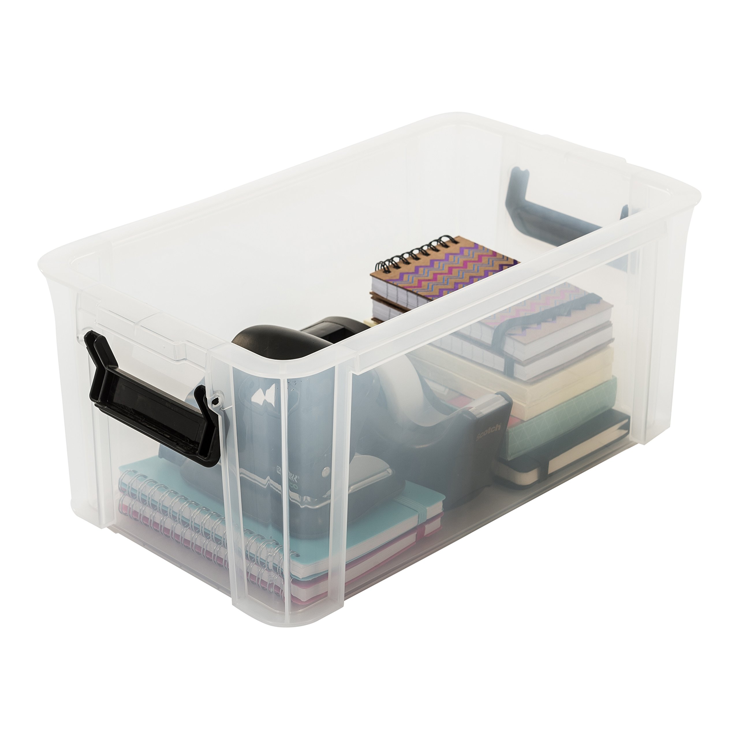 Iris Ohyama, Caja de Almacenaje de Plástico con Tapa, 6L, Juego de 4, Transparente, Clips de Cierre, Asa, Apilable, Organización Sólida y Duradera, Para Dormitorio, Garaje, Oficina, MBX-6