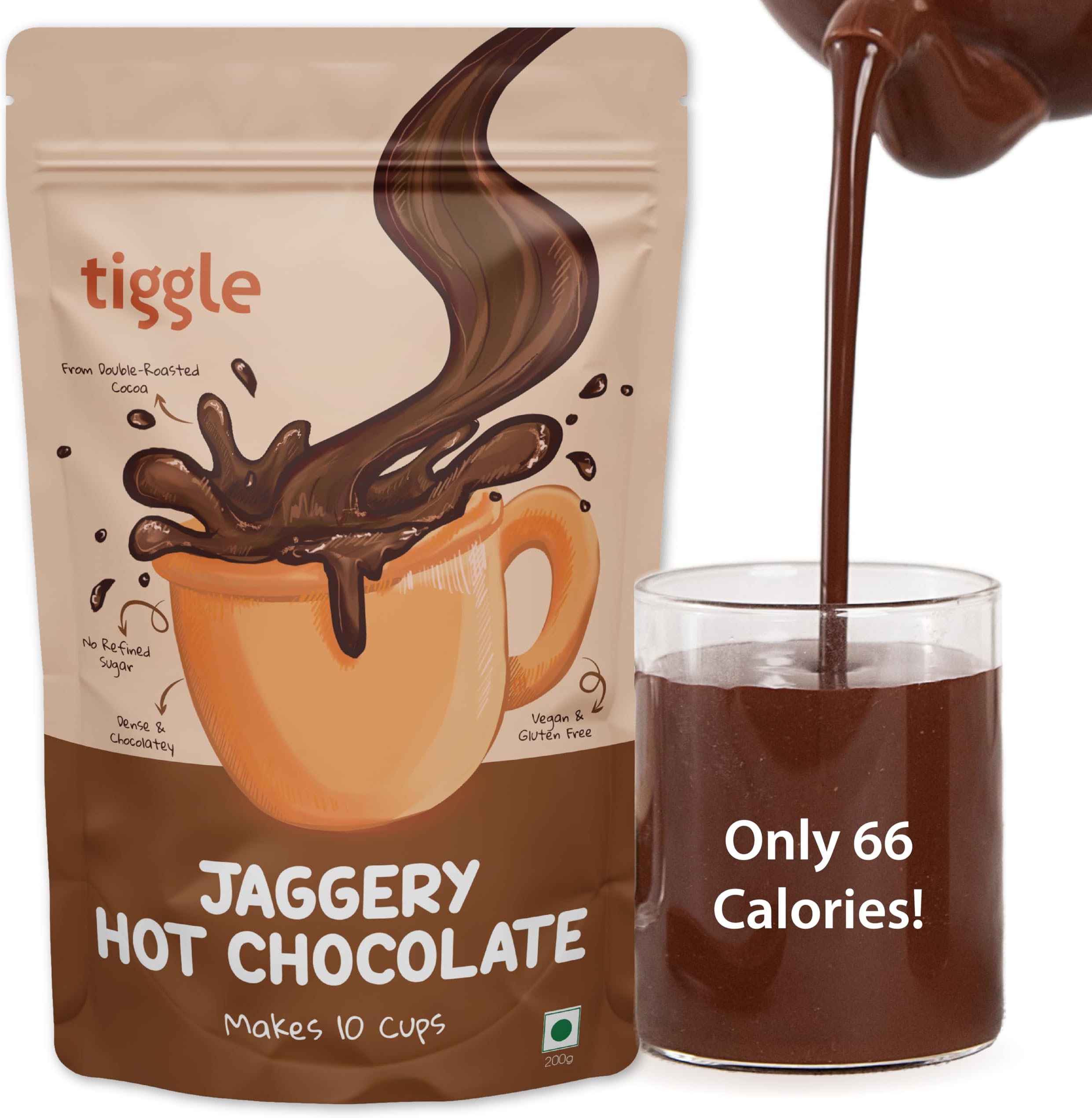 Jaggery Dark Hot Chocolate Powder Mix - 10 Cups Pack| Only 66 Calories Per Cup|Hot Chocolate Powder Without Sugar| Sweetened With Organic Jaggery | Enjoy Hot Or Cold | Thick & Chocolatey Drink
