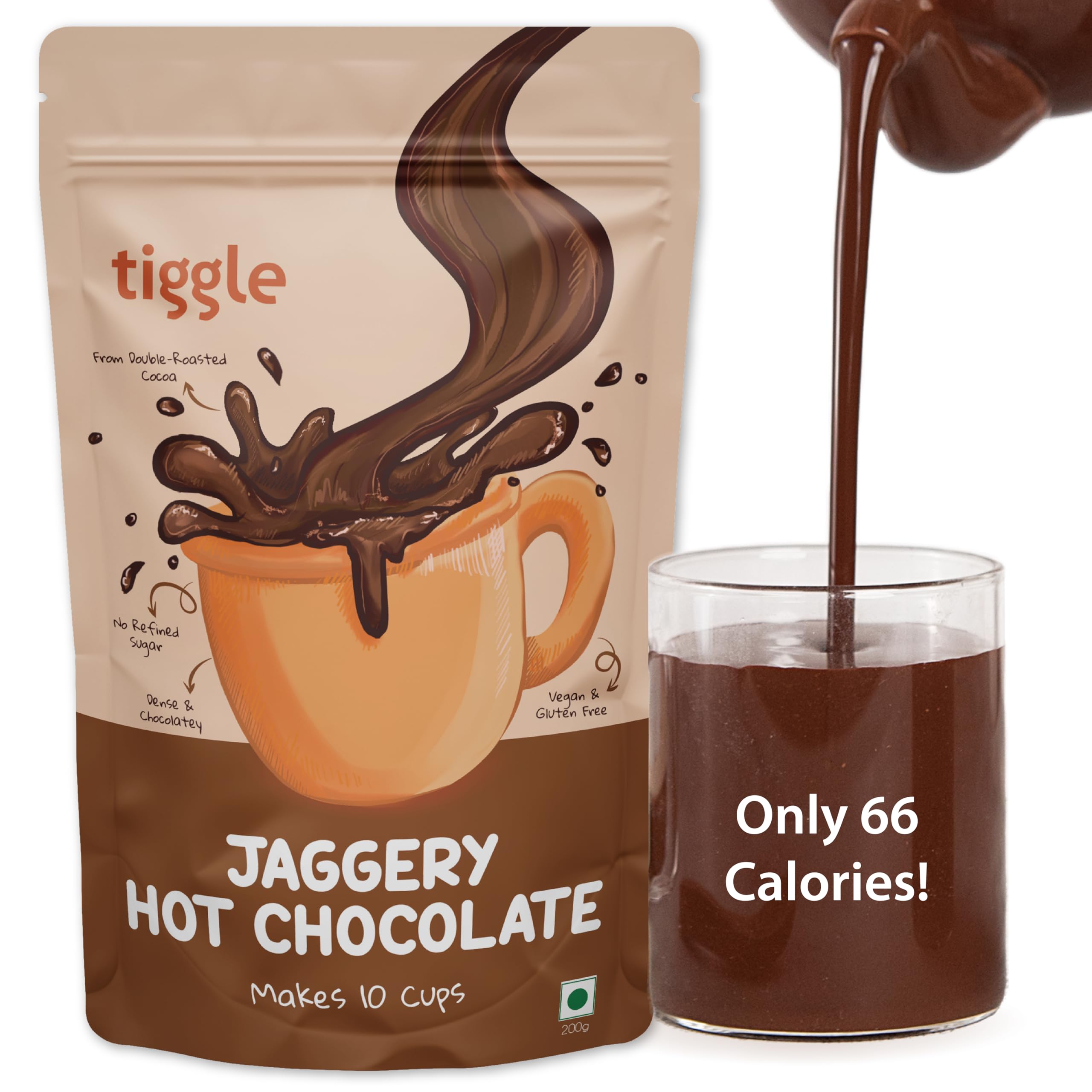 Tiggle Jaggery Dark Hot Chocolate Powder Mix - 10 Cups Pack| Only 66 Calories Per Cup|Hot Chocolate Powder Without Sugar| Sweetened With Organic Jaggery | Enjoy Hot Or Cold | Thick & Chocolatey Drink