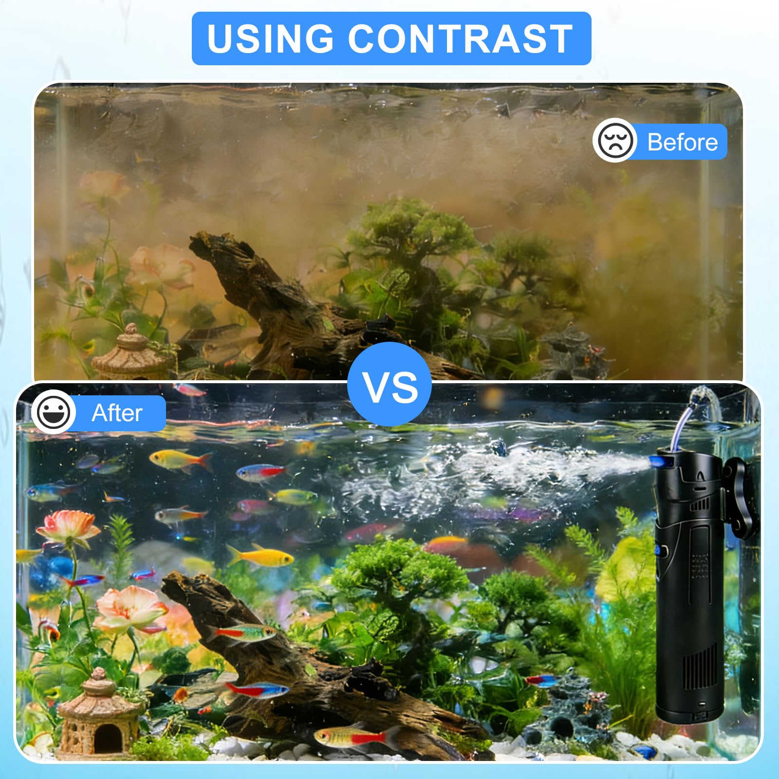 EXLECO Filtro Interno Acquario 4 in 1 con Lampada UVC da 9W, Aeratore 700 L/h 20W, Include Pompa Acqua, Skimmer e Materiale, Ossigenatore per Tartarughiera per Tartarughe d'Acqua 150-300 Litri