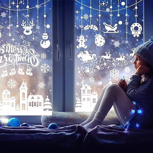 Miniatura 6 de MISS FANTASY Decoraciones navideñas para ventana, 10 hojas de calcomanías de ventana de escena de Navidad para ventana de vidrio, copos de nieve,