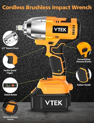 Miniatura 2 de VTEK Llave de impacto sin escobillas Llave de impacto inalámbrica de 1/2 pulgada, par máximo 700N.m pistola de impacto 515 ft-lbs para niveles de