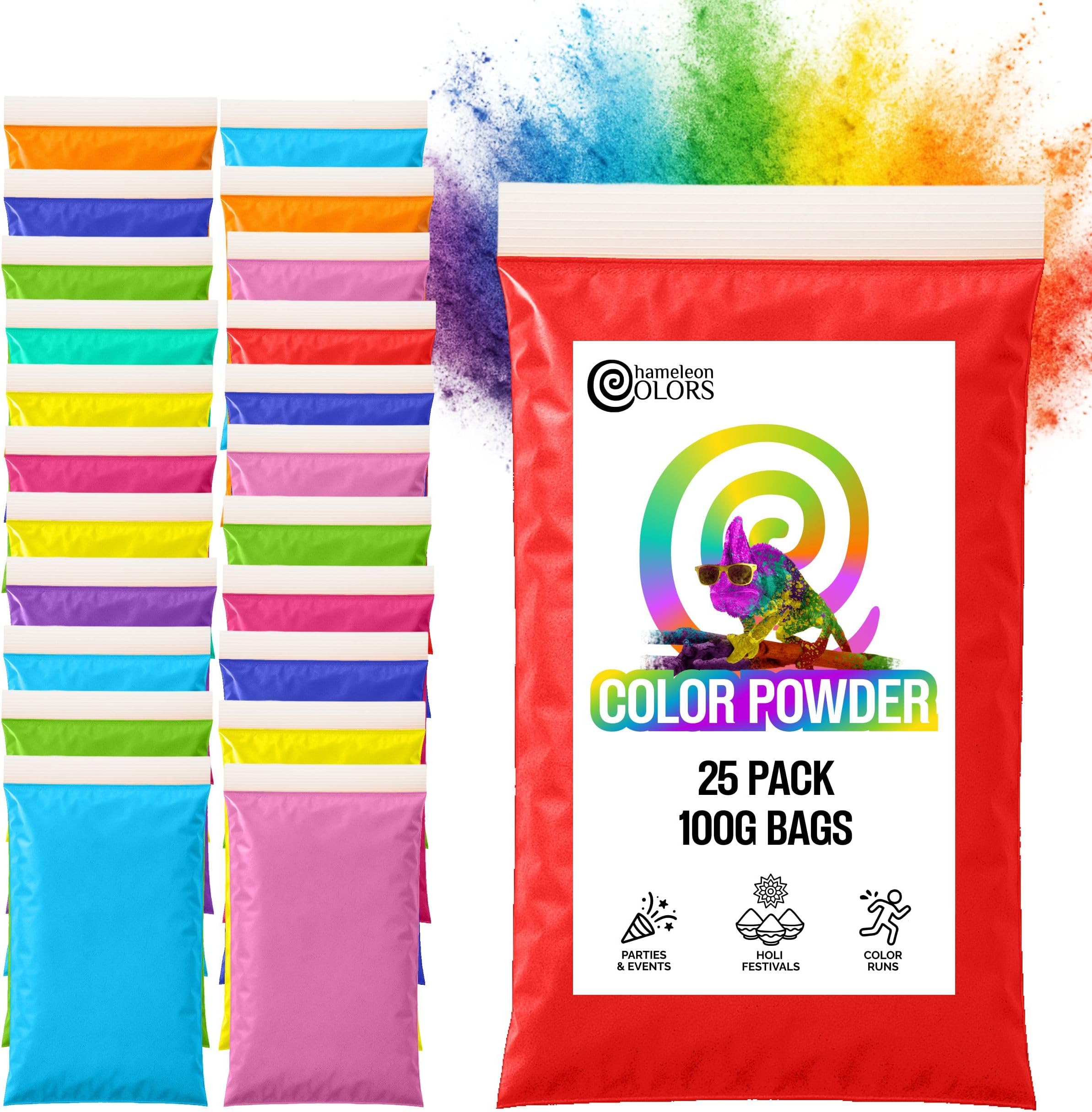 Chameleon Colors 100g Color Powder Packs - 25 Pack - 10 Vibrant Colors in Clear Bags - Non-Toxic & Gluten-Free - Great for Holi, Color Wars, Fun Run, Gender Reveal & Summer Camp