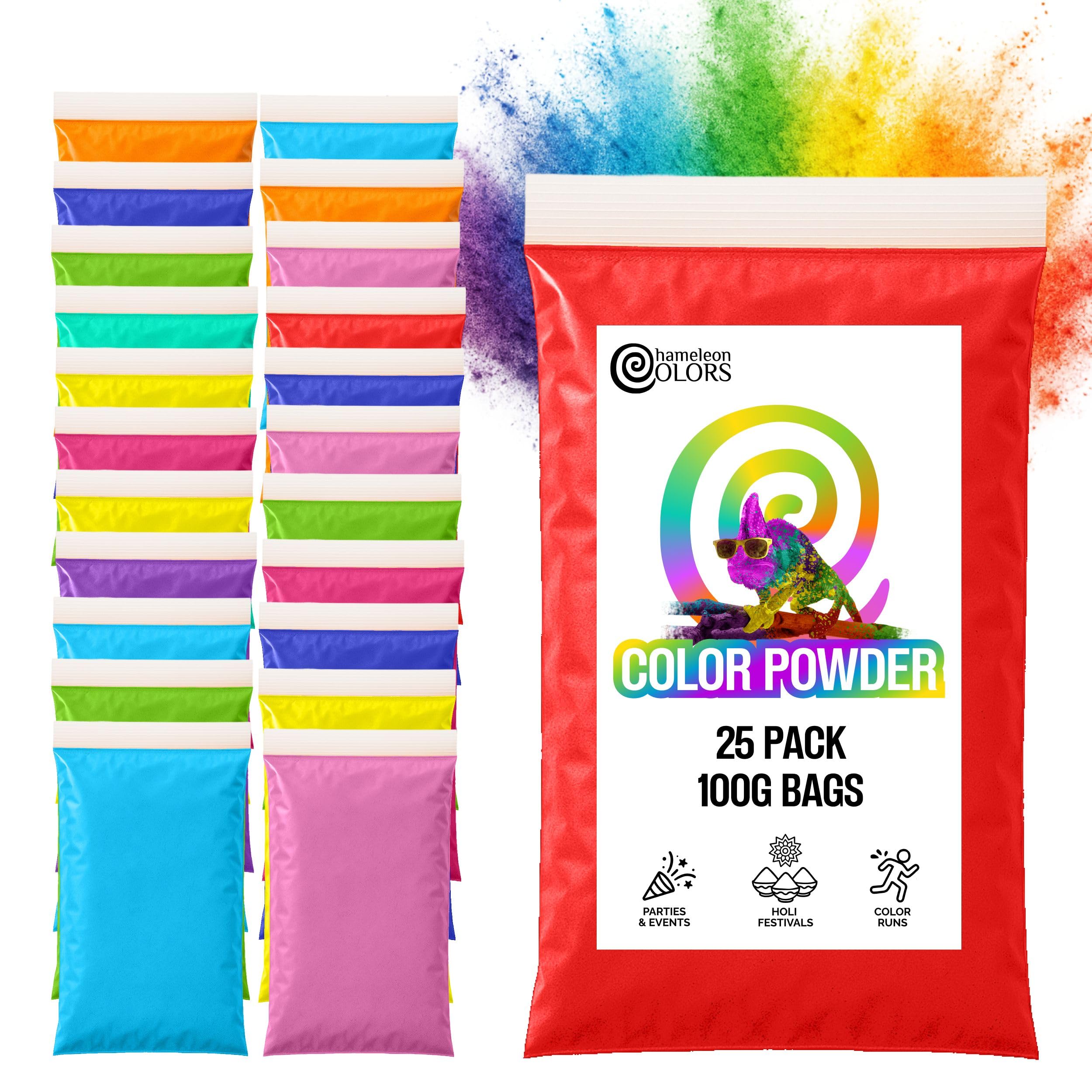 Chameleon Colors 100g Color Powder Packs - 25 Pack - 10 Vibrant Colors in Clear Bags - Non-Toxic & Gluten-Free - Great for Holi, Color Wars, Fun Run, Gender Reveal & Summer Camp