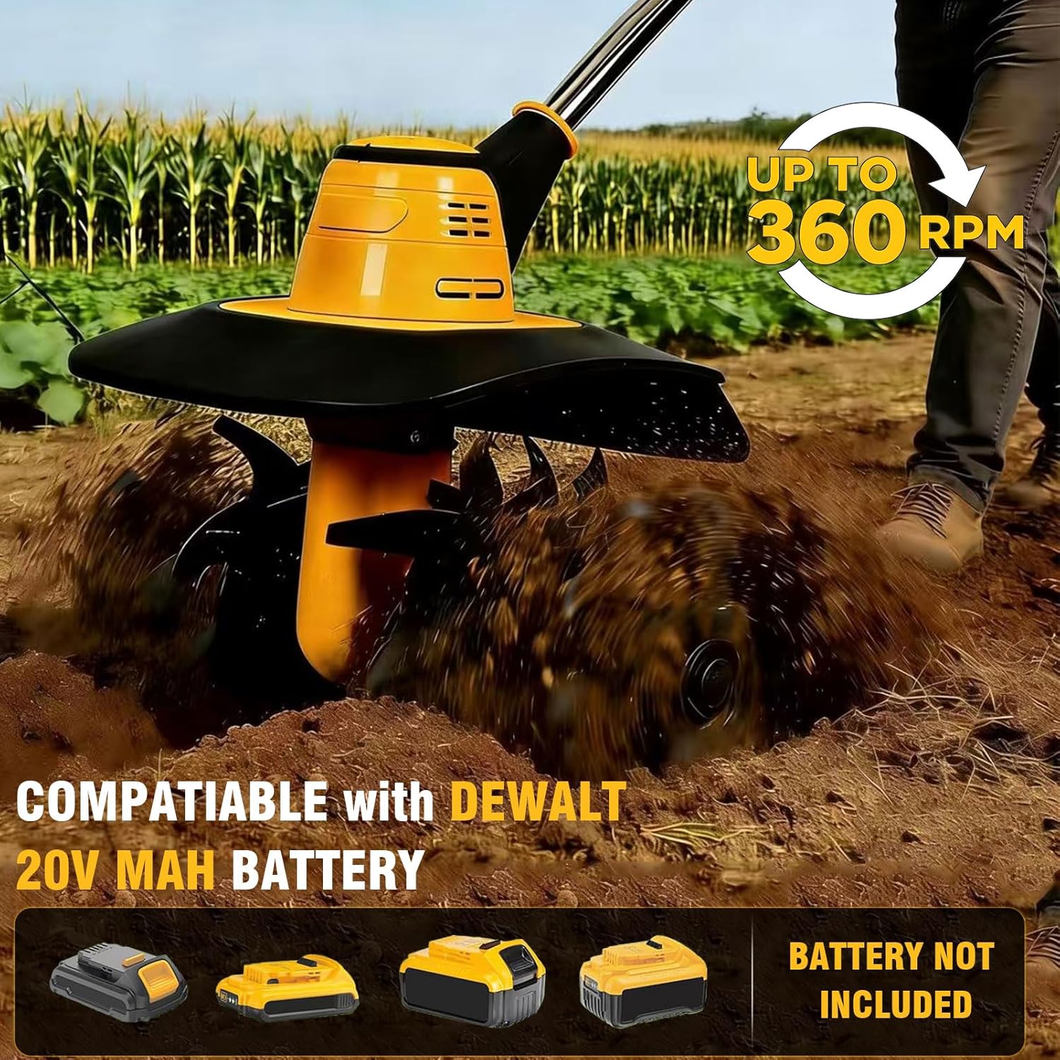 Cordless Tiller Cultivator Compatible with Dewalt 20V MAX Battery, Electric Garden Tiller w/360 RPM, 9In Tilling Width & 7In Depth, Rototiller for Lawn/Soil Cultivation (Battery Not Included)
