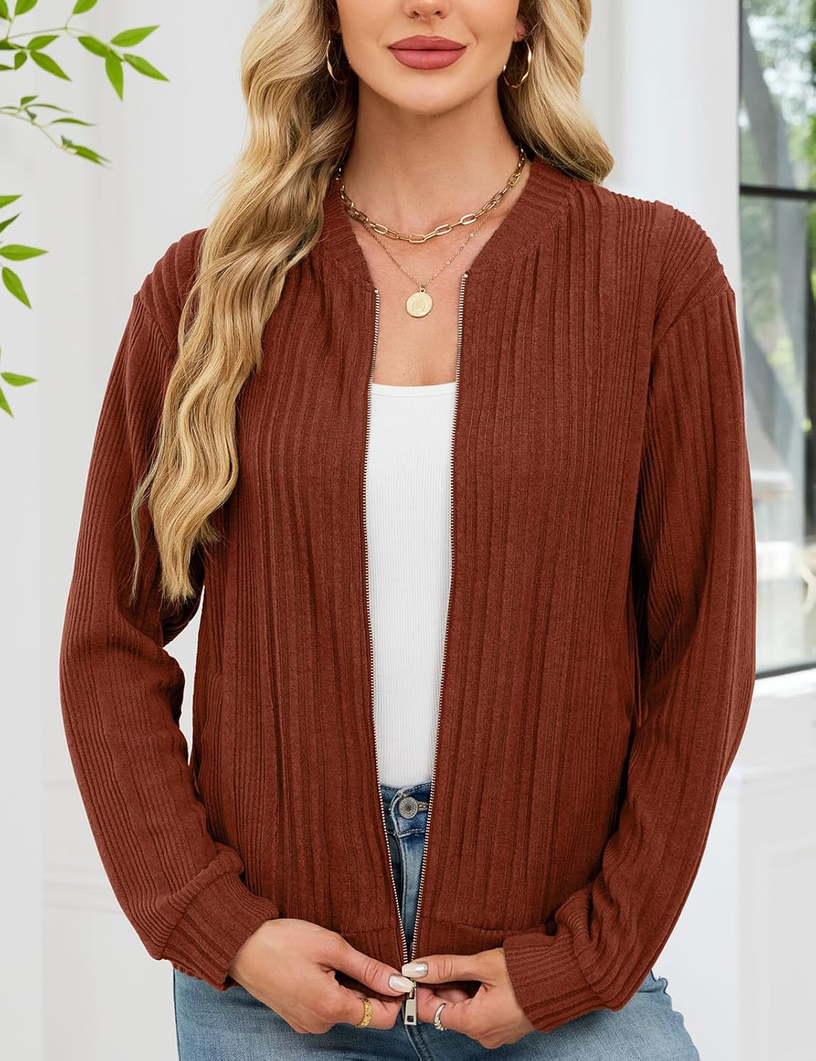 Viracy Women's Full Zip Up Cardigan Sweater Lightweight Casual Long Sleeve Jackets with Pockets - Image 4