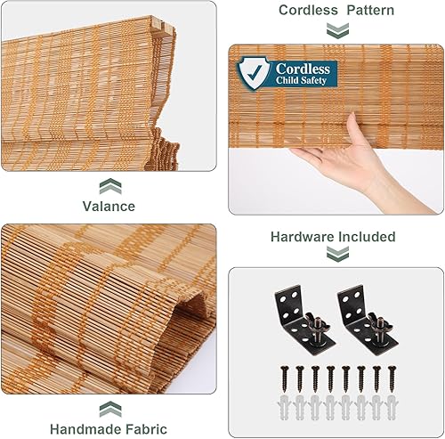 Miniatura 4 de Persianas romanas de bambú opacas inalámbricas, de fácil control, de madera tejida natural, persianas de bambú con forro de gran privacidad, color