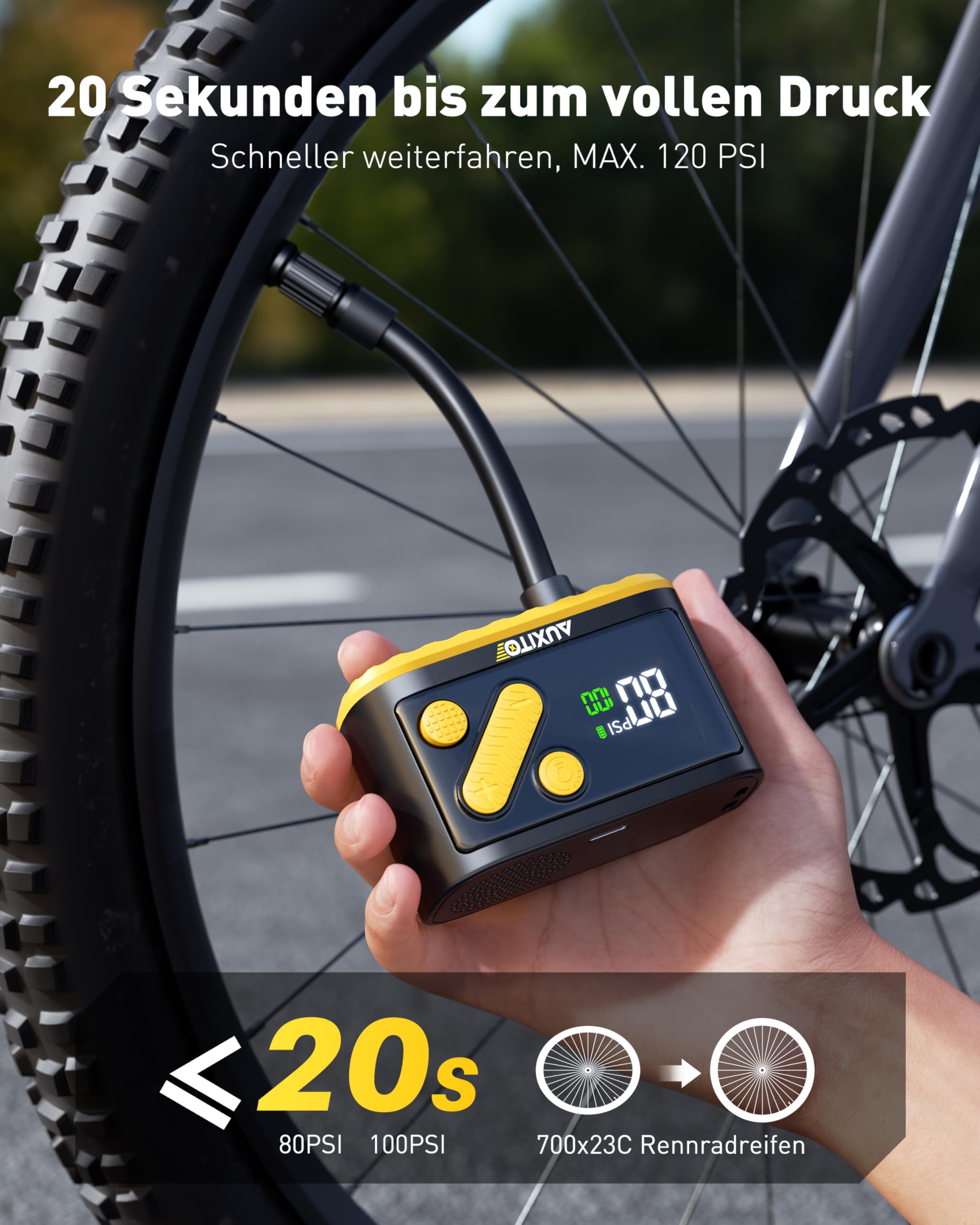 AUXITO Mini Fahrradpumpe Elektrisch mit Manometer,120PSI Akku Fahrradpumpe alle Ventile(Presta&Schrader),20-Sek.-Inflation,Auto Stopp,Luftpumpe Fahrrad für Rennrad,Mountainbike,E-Bike,Motorrad