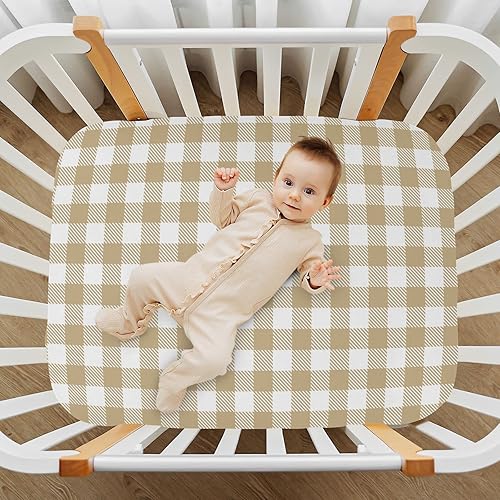 Miniatura 7 de Sábanas personalizadas para cuna de bebé, a cuadros, color caqui, suaves, transpirables, para recién nacidos, para todas las estaciones, colchón de