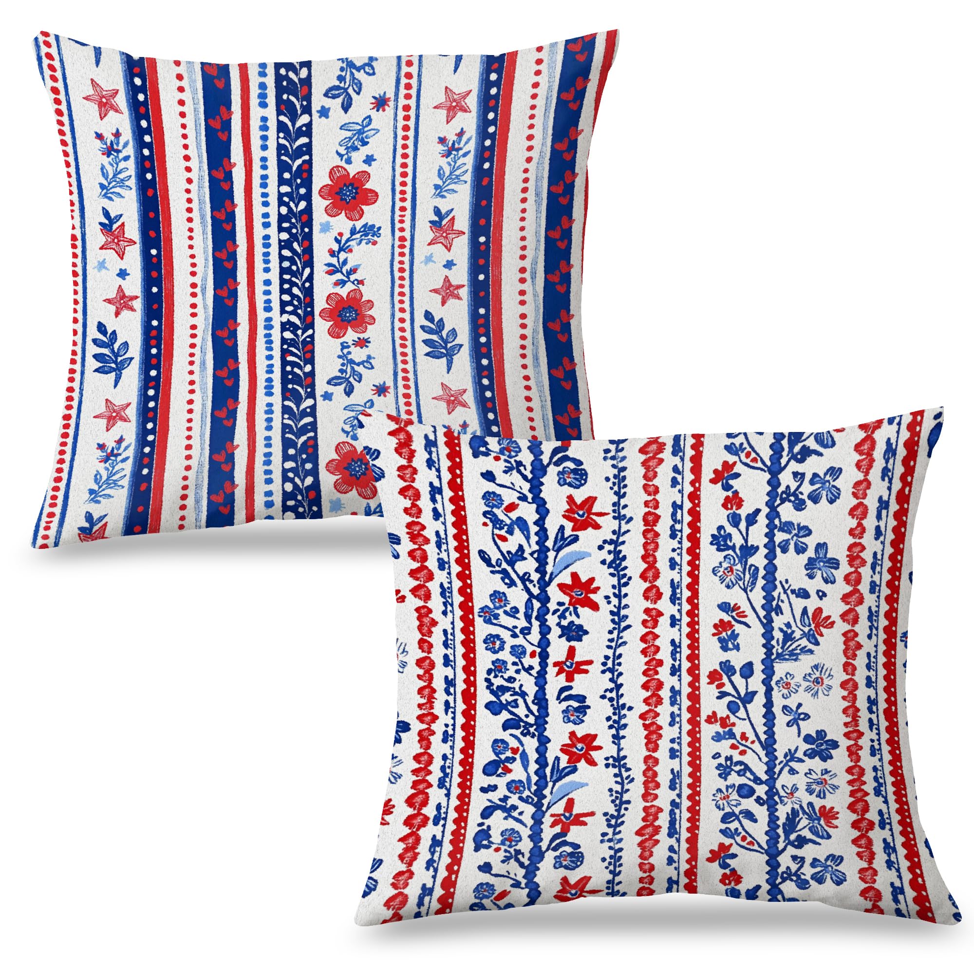 Exqcom Red White Blue Striped Floral Pillow Covers 18x18 Inch Set of 2 USA 4th of July Patriotic