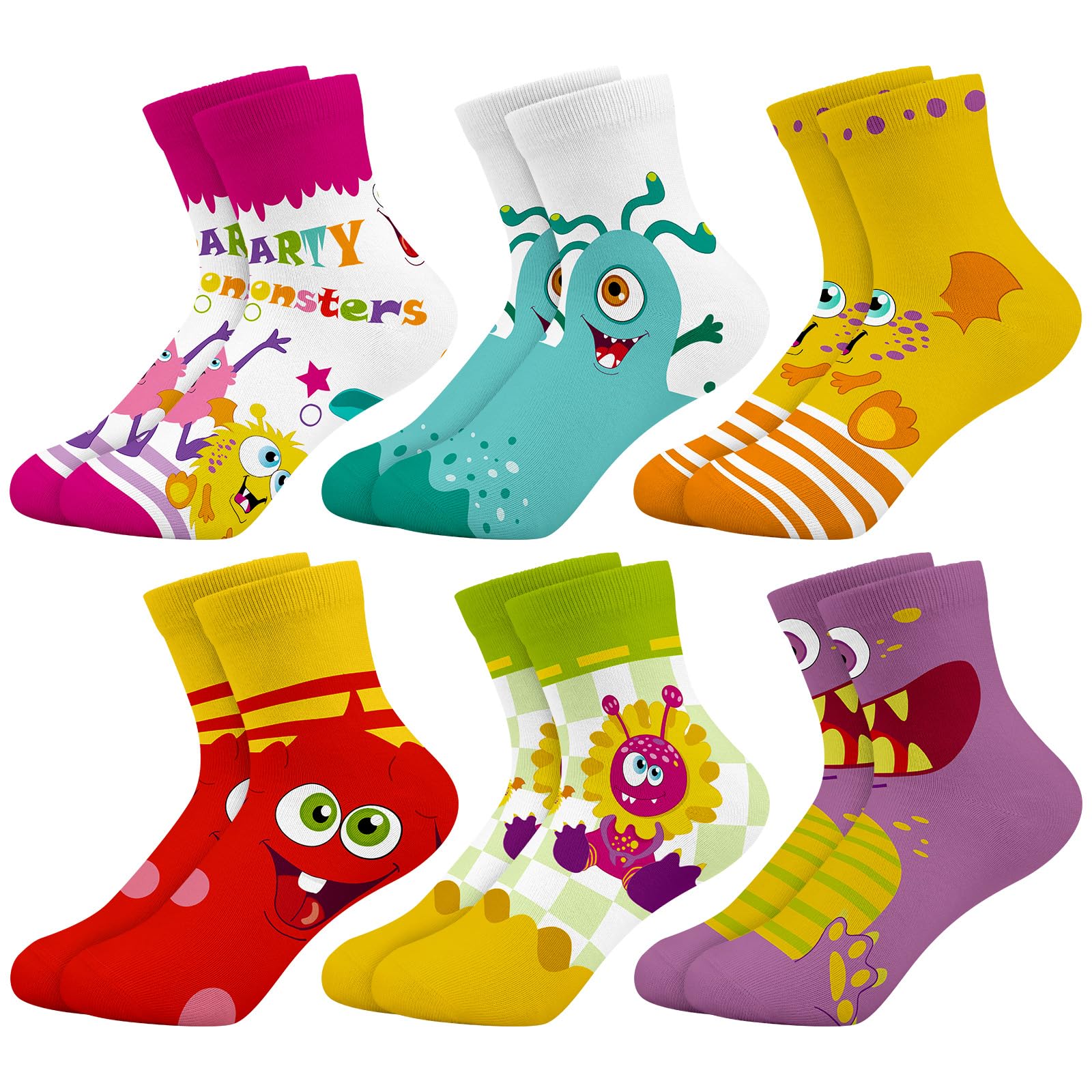 6 Paires Chaussettes Enfants Filles Chaussettes de Monstre Coloré de Dessin Animé Drôle Chaussettes Crew Cadeau Doux de 3 à 14 Ans Taille 25-38