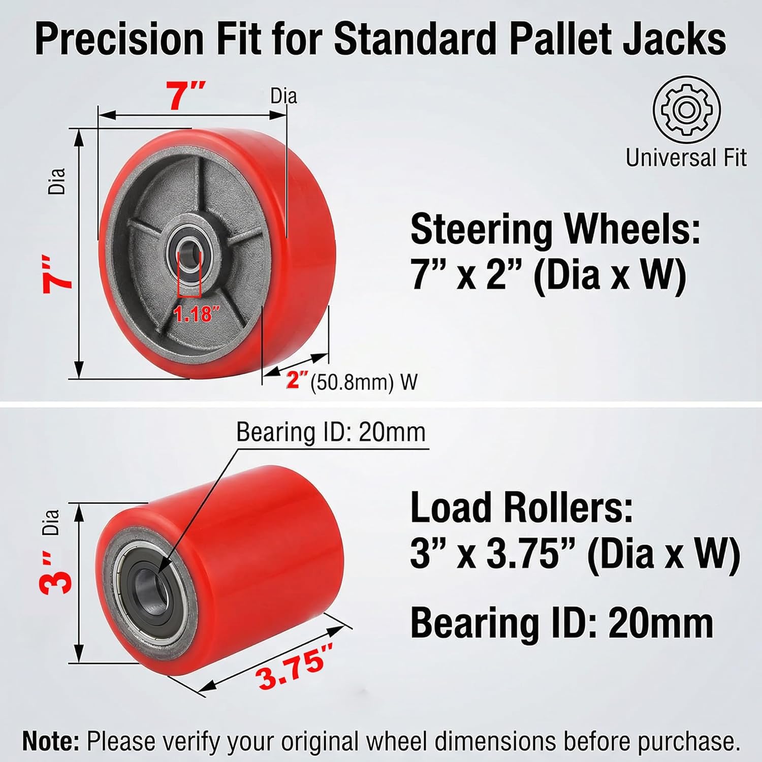 Pallet Jack Wheels Replacement Kit - Complete Set with 7" x 2" Steer & 3" x 3.75" Load Rollers - Heavy Duty Polyurethane Non-Marring Tires with Bearings & Axles for Standard Hand Trucks