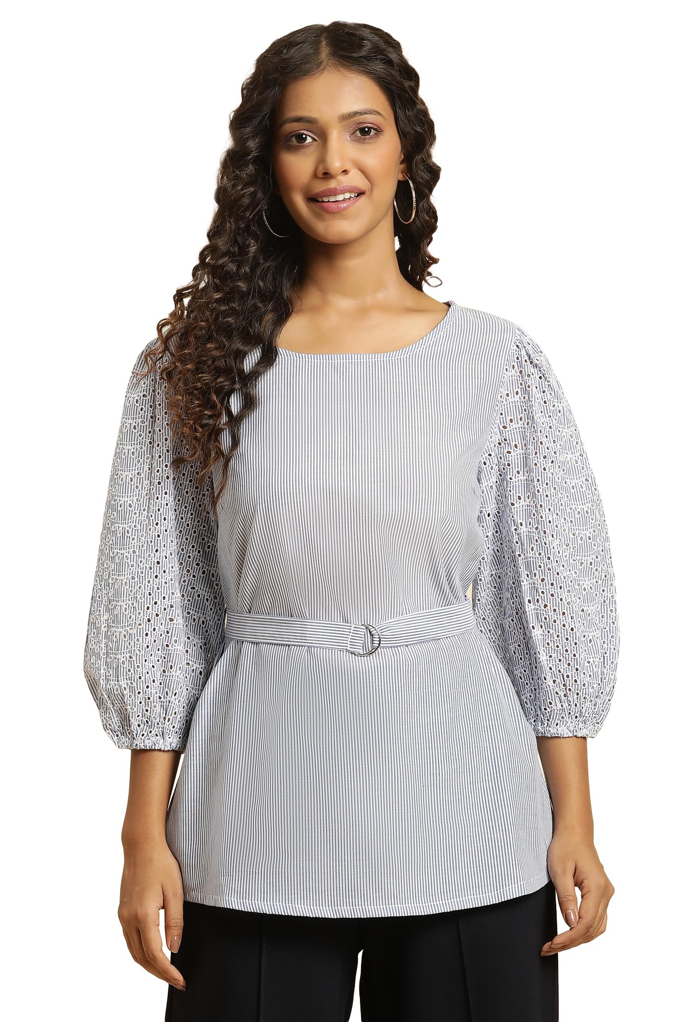 Women's Regular Fit Stripe Printed Top with Embroidered Sleeves