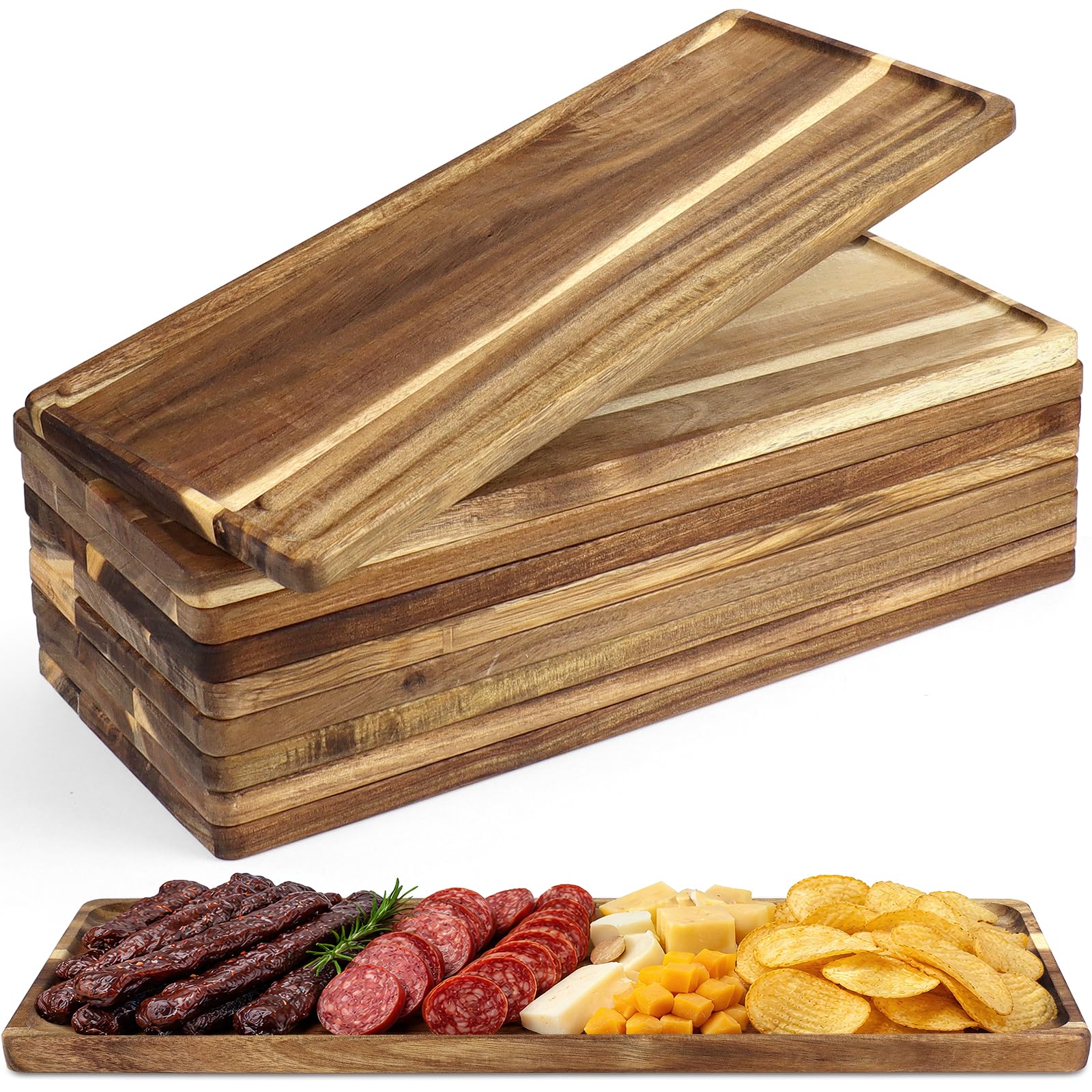 Lot de 10 plateaux de service en bois massif 42 × 16 cm, planches rectangulaires en acacia avec poignée rainurée pour la maison, le café, le fromage, les apéritifs et la déco rustique