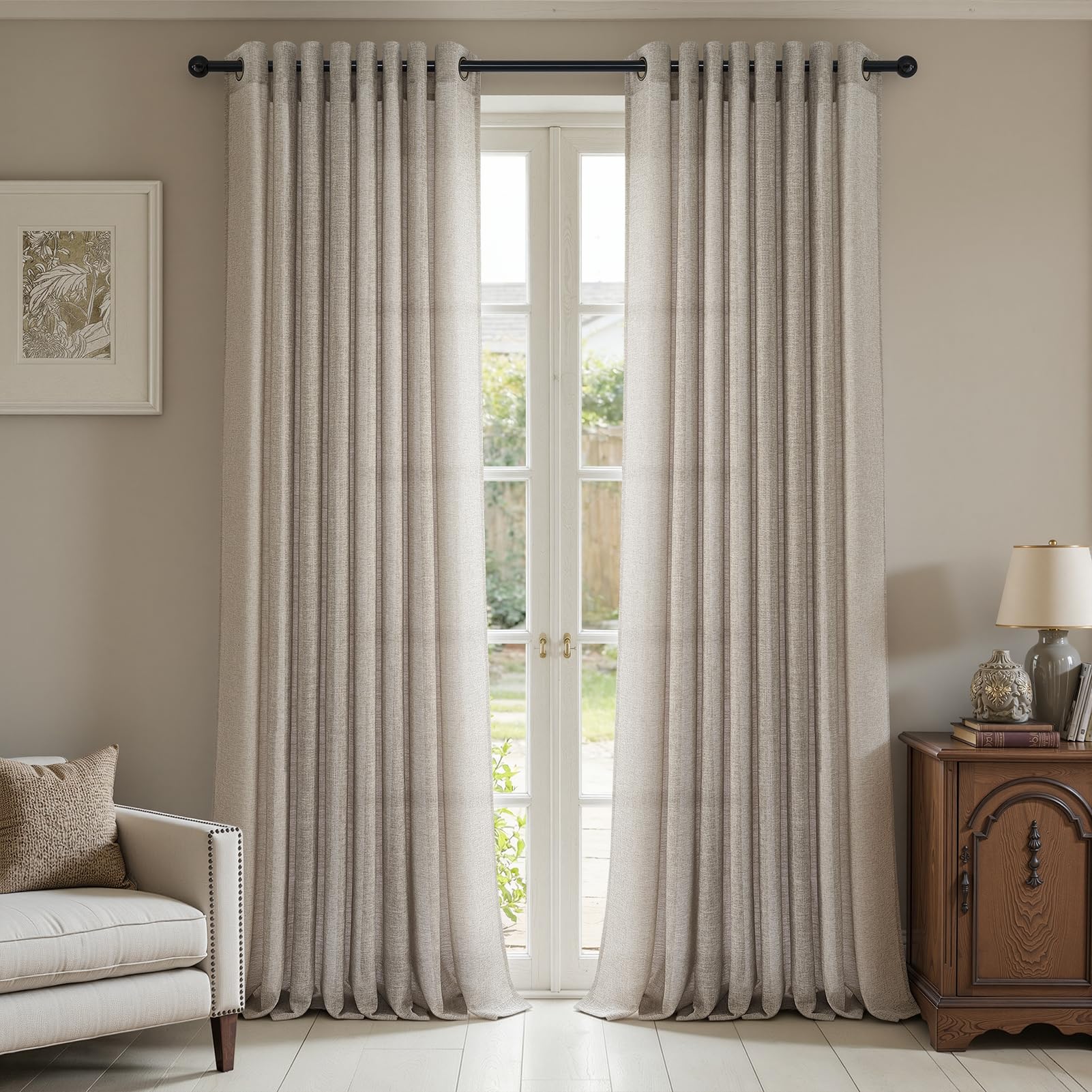 Topfinel Tende per Interni con Lino 140x240 CM 2 Pezzi, Tende Camera da Letto Moderne con Anelli, Decorazione Tenda Finestra Taupe Trasparente per Soggiorno Salotto Curtains