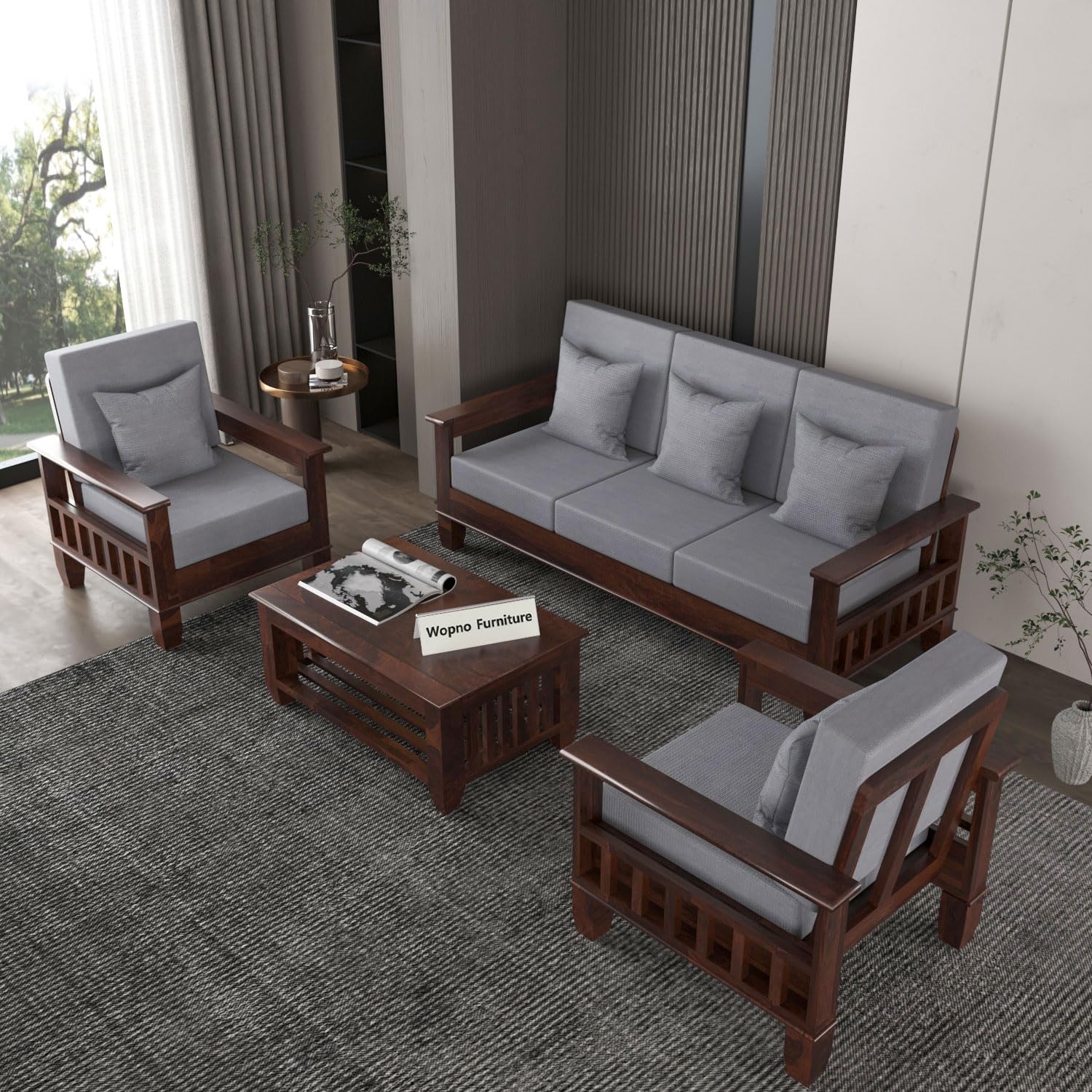 Wopno Furniture Sheesham Wooden 5 Seater Sofa Set for Living Room | Rosewood Cushion Sofa with Side Newspaper Holder for Home & Office | Solid Wood Sofa Set for Lounge (Walnut, 3+1+1 Seater)