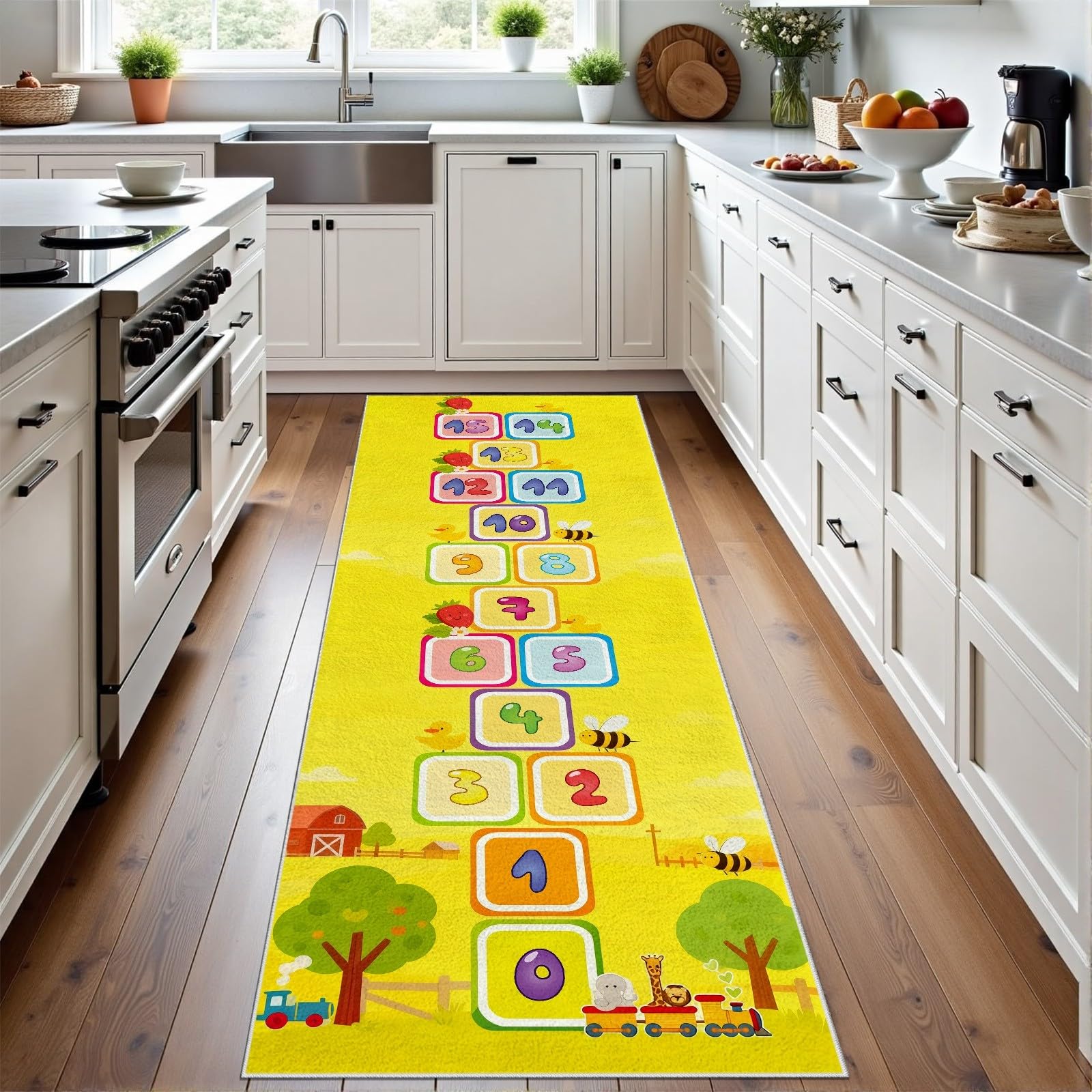 Hüpfspiel Teppich Läufer Flur 60x120 cm Hopscotch Teppichläufer Cartoon Küchenläufer Küche Teppiche rutschfest Waschbar Bettvorleger für Flur Waschküche