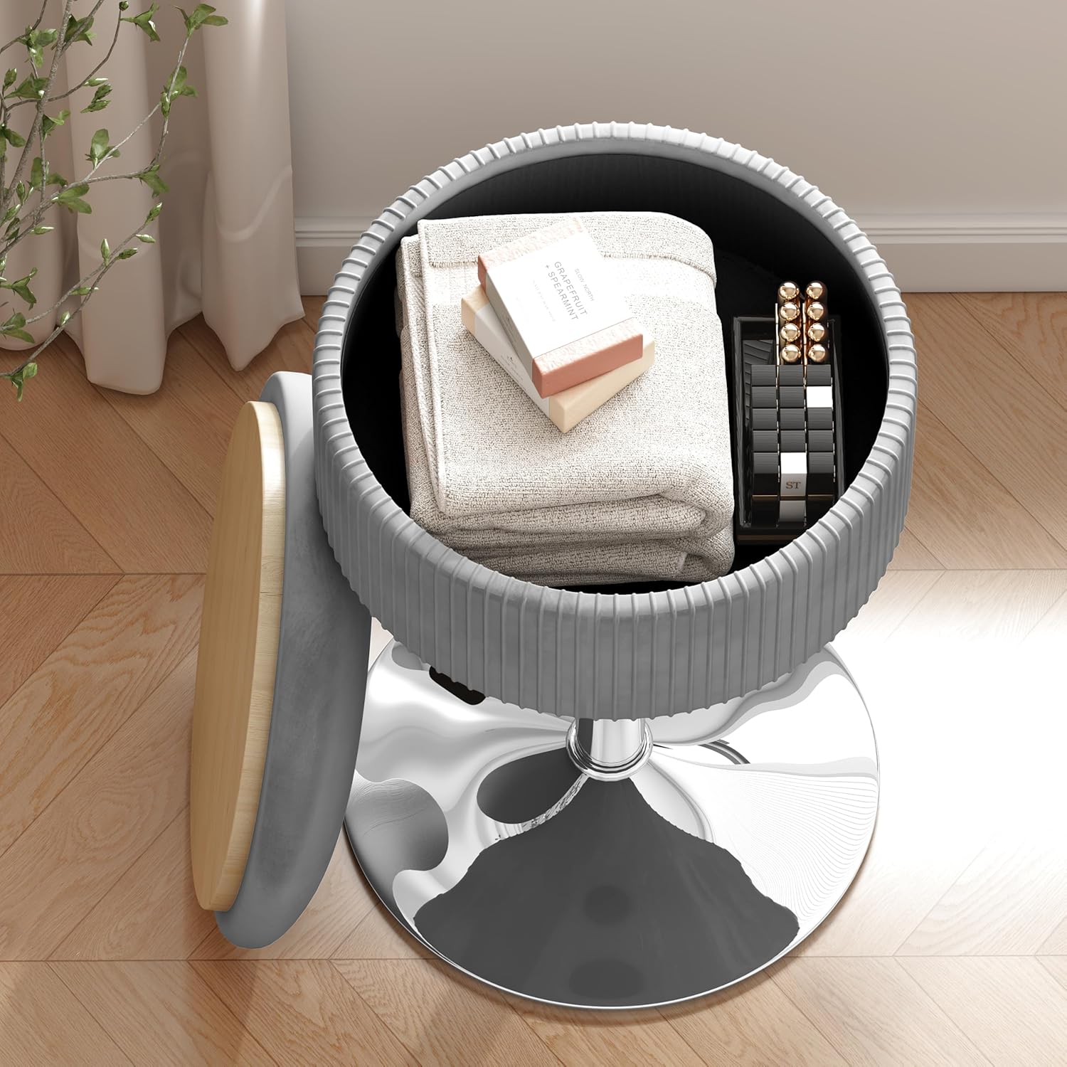 ACEQLYT® 360° Swivel Vanity Stool Chair with Storage, Height Adjustable Makeup Stool for Vanity Bathroom Bedroom, Gray Velvet Round Ottoman