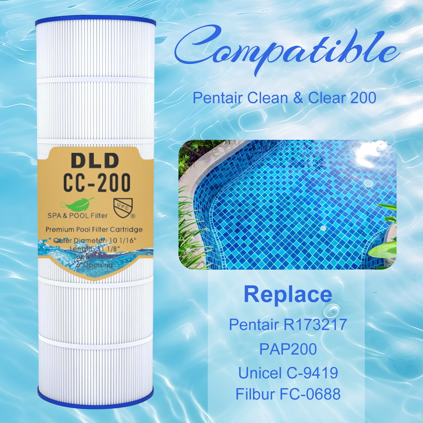DLD CC200 Cartouche de filtre de piscine, compatible avec Pentair Clean&Clear 200, cartouche de filtre de piscine de rechange Pentair R173217, PAP200, Unicel C-9419, Filbur FC-0688, L x OD : 80 x 26