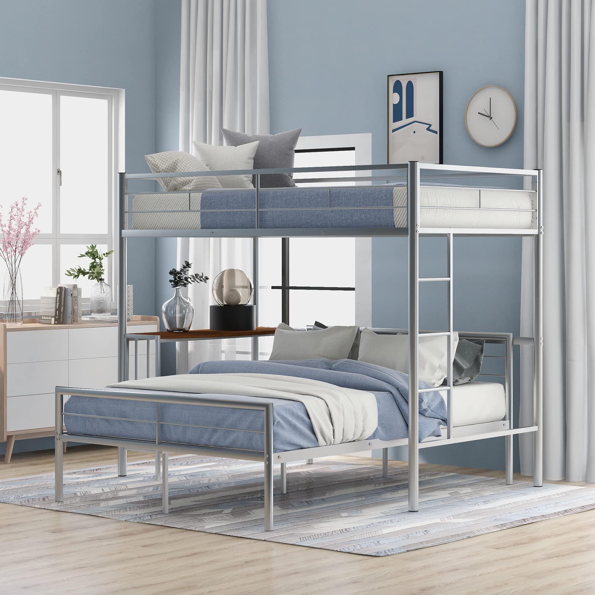 Amazon.com: Harper & Bright Designs Twin Over Full Metal Bunk Bed with  Desk, Full Length Guardrail, and Ladder, Space-Saving Metal Loft Bed with  Platform Bed, Silver : Home & Kitchen