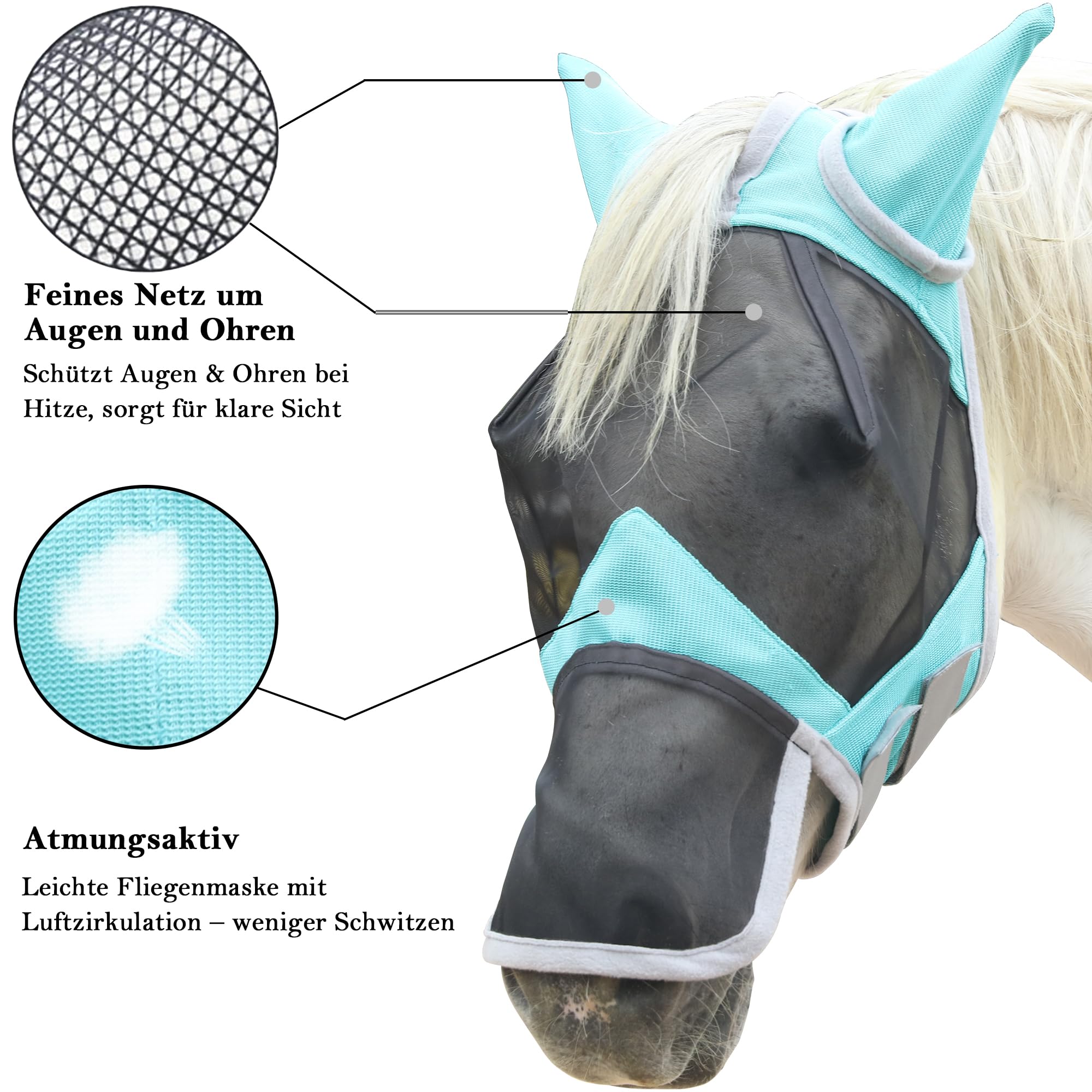 Fliegenmaske Pferd mit Nasen- & Ohrenschutz, UV-Schutz, Atmungsaktives Mesh, Reißfest, Weich Gepolstert, Verstellbar mit Klettverschluss Hellgrün Pony