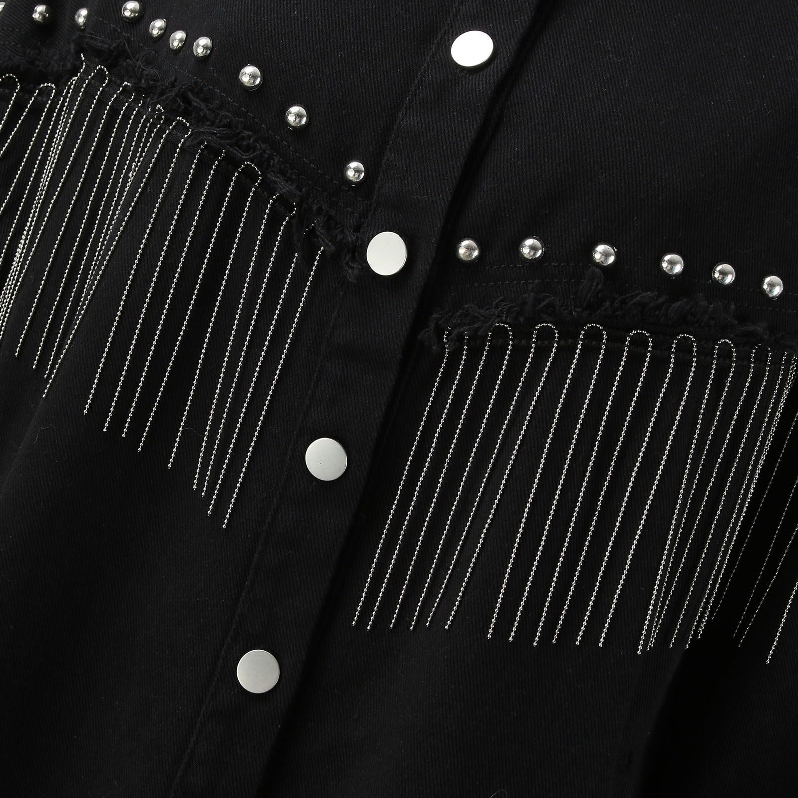 Jeansjacke Damen Oversized Denim Jacke Lässige ausgefranste Quaste Schwarze Jeansjacke für Frauen Mode Fransen Strass Cowgirl Jeans Mäntel Cowgirl-Jeansjacke Langarm Strickjacke Streetwear