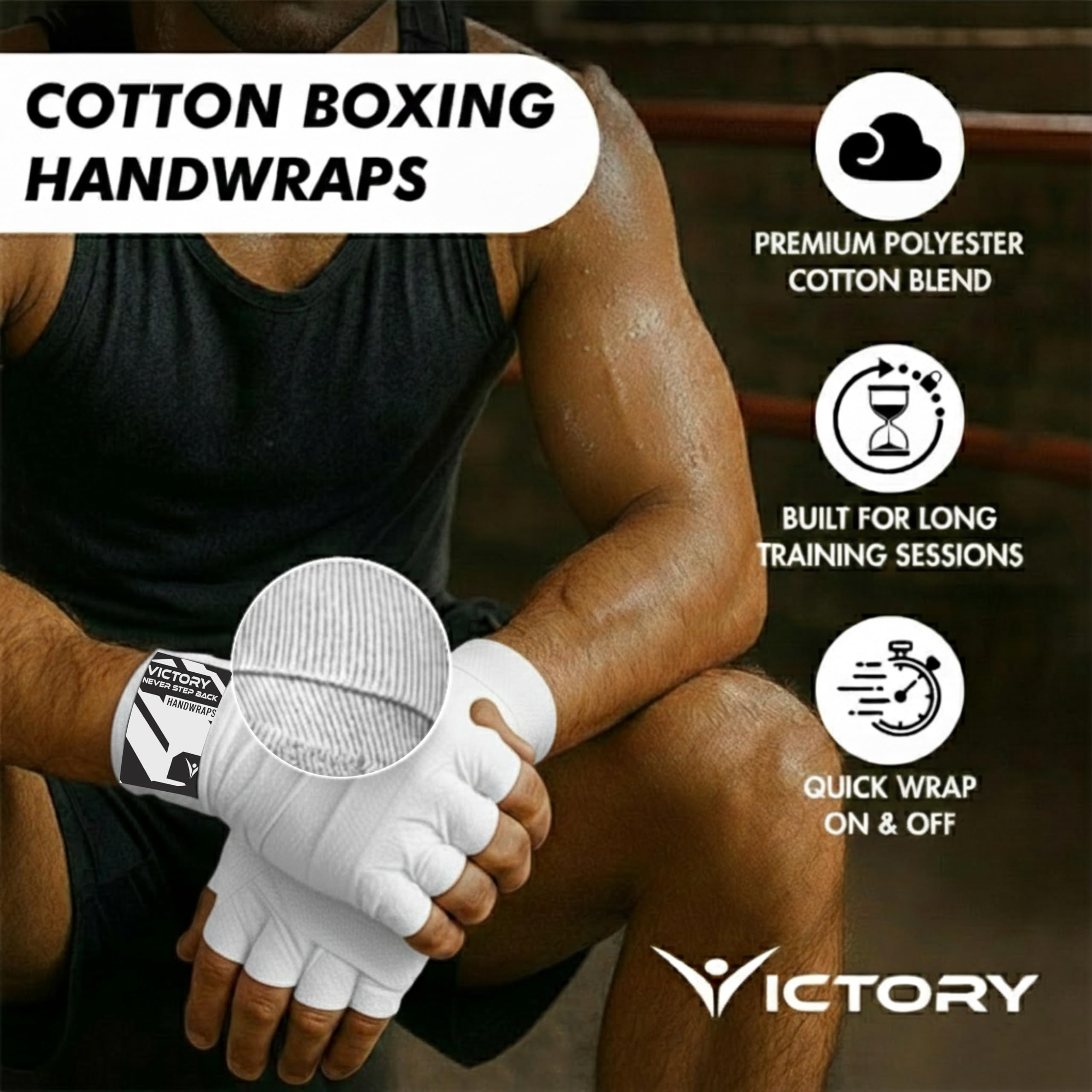 VICTORY Professional Boxing Wrap for Men Hand Wrap for Boxing Punching Hand Wraps Wrist Supporter for Gym Boxing Bandage for MMA and Martial Arts (180 inch, Black) (White, 110 Inch)