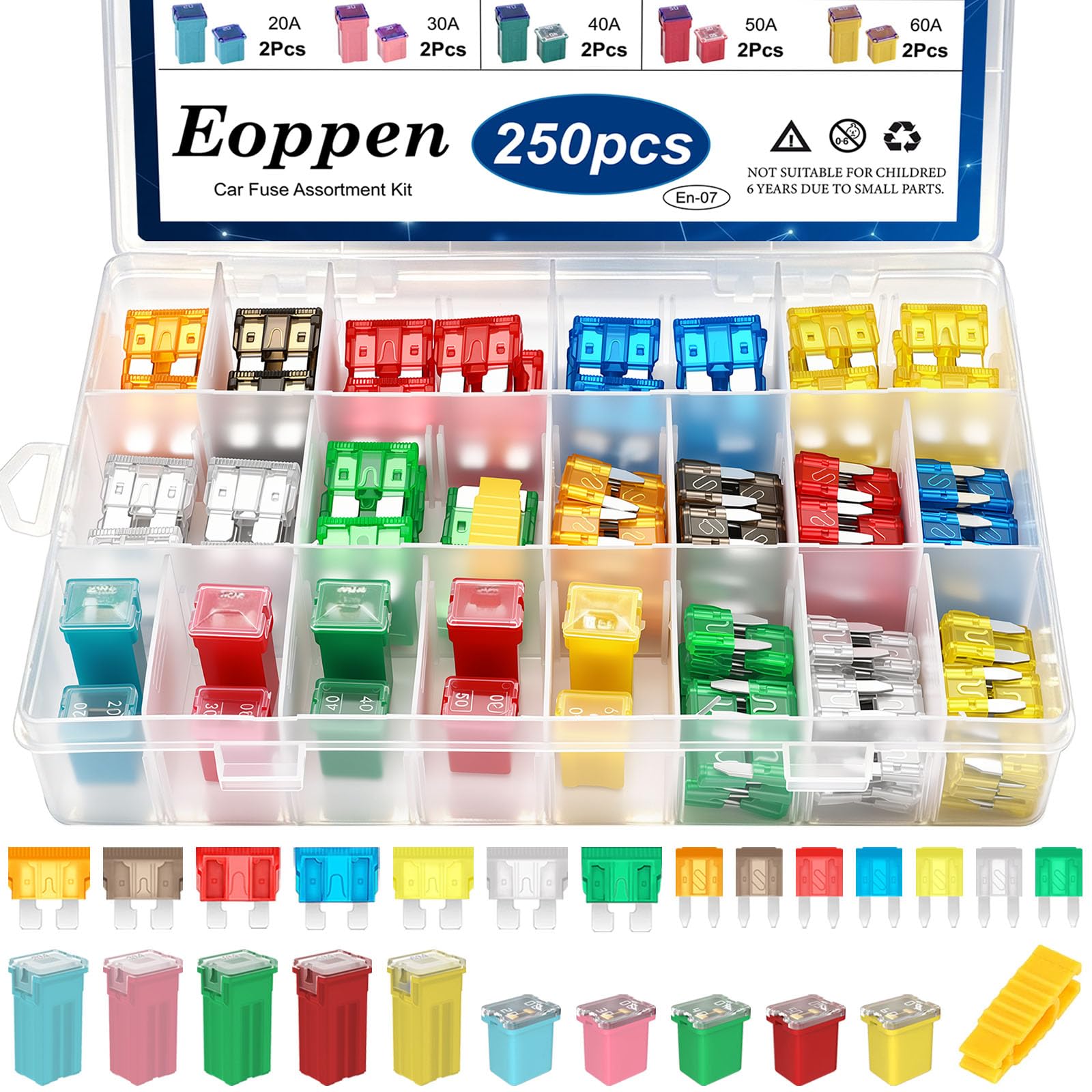 Kit assortito di fusibili per auto da 5 A, 7,5 A, 10 A, 15 A, 20 A, 25 A, 30 A, standard e mini fusibili a lama, 20 A, 30 A, 40 A, 50 A, 60 A, basso e alto/STD, per auto, camion e SUV, barche