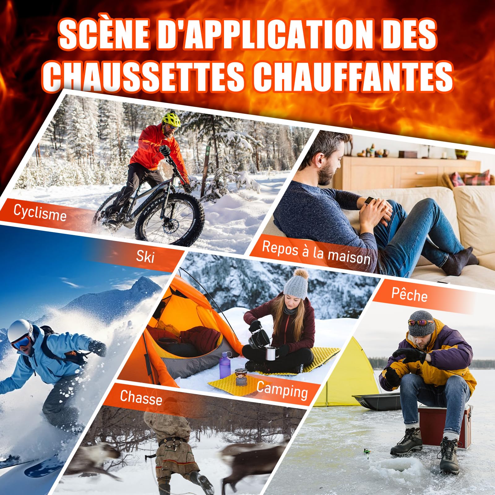 Chaussettes Chauffantes USB Rechargeable 6000mAh 3 Niveaux Chauffage Électrique pour Hommes Femmes Ski Cyclisme Moto Orange Gris