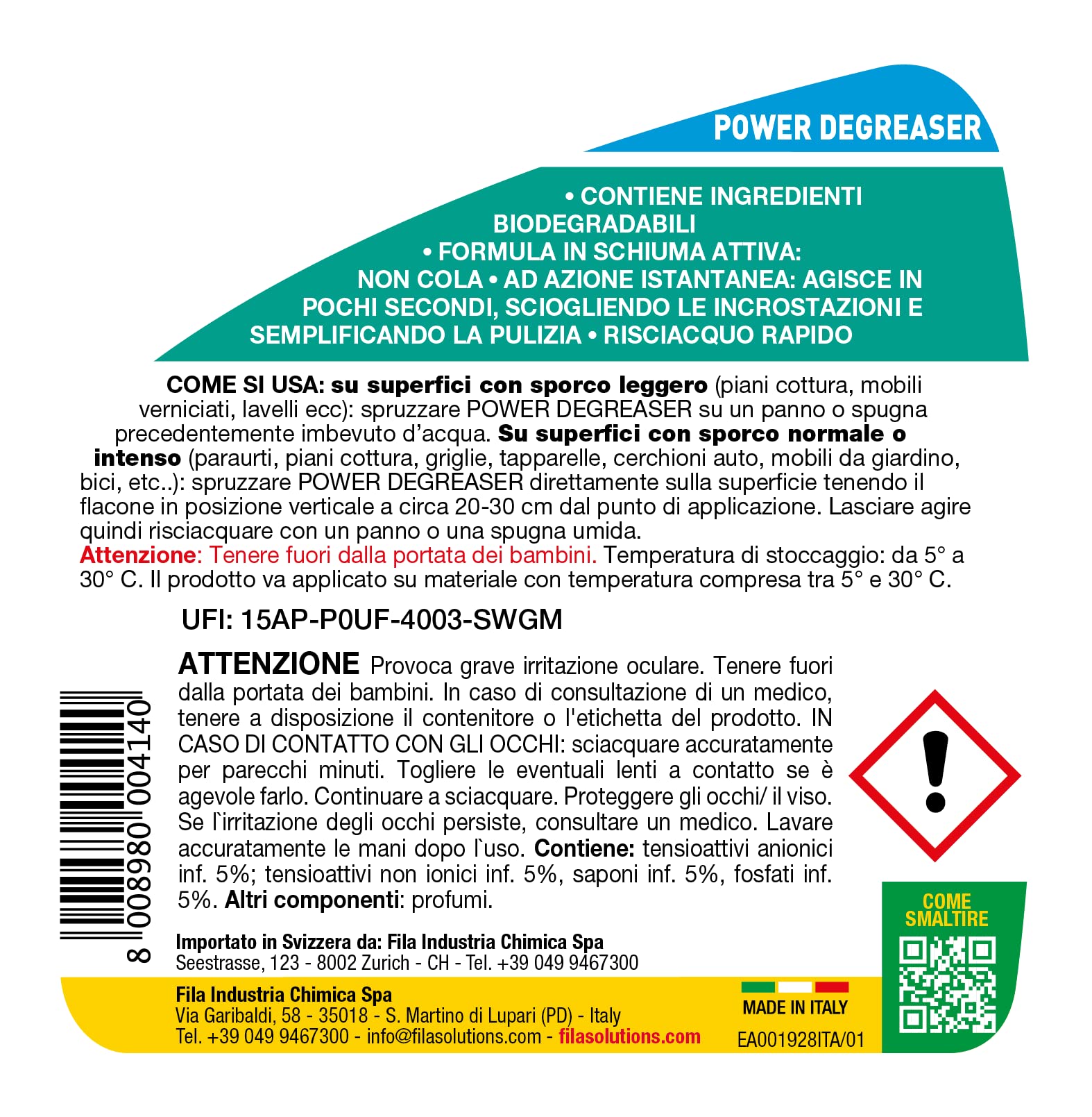 FILA POWER DEGREASER Professionale Universale a Schiuma Attiva 750ml