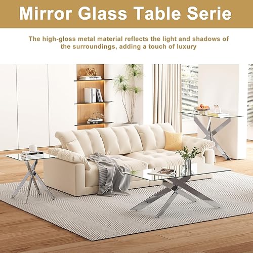 Miniatura 3 de AF ARTISAN FURNITURE Juego de 3 mesas auxiliares de cristal plateado y 2 mesas auxiliares, juego de mesa auxiliar con vidrio templado y patas de