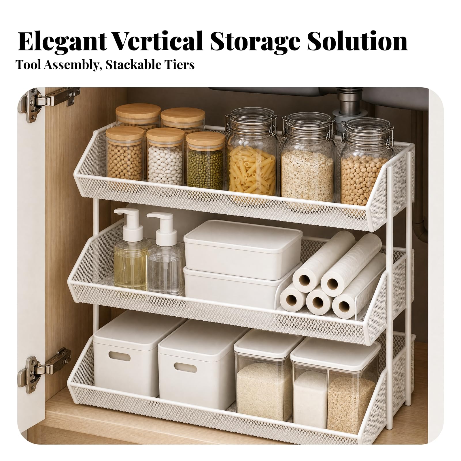 Portaoggetti Autoportante senza Instzione Resistente Scaffale Aperto con Bordi Rialzati Stabile Scaffalatura per, Bagno, sotto il Lavandino, Bianco, 4-Tier Grande