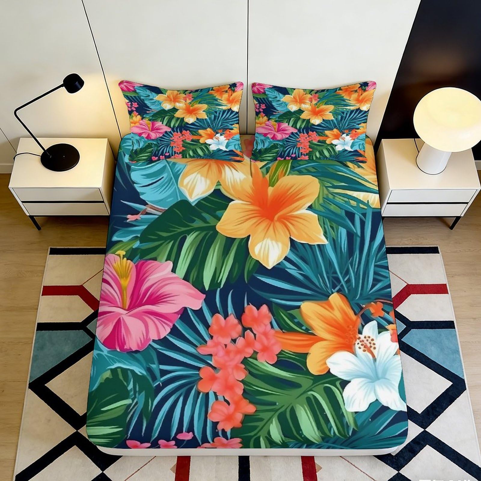 Jqzkxnhpbr Style-4 3D Printed Tropical Floral Fitted Sheet Microfiber Soft Vibrant Jungle Leaves Mattress Cover For Bedroom Guest Room Decor 90X200x25cm