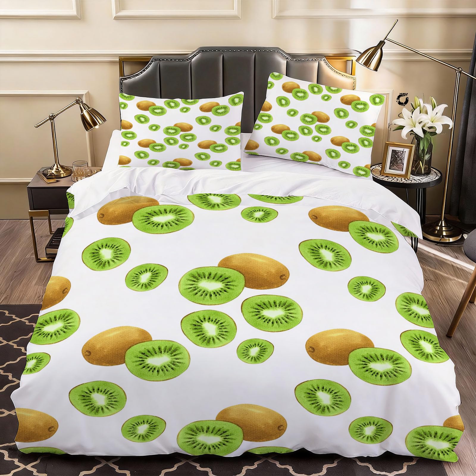 3D Kiwi Duvet Cover Fruit Bedding Double Bed Set, Soft Microfiber Comforter Cover Printed with Zipper Closure Quilt Coverr 200x200 cm and 2 Pillowcases