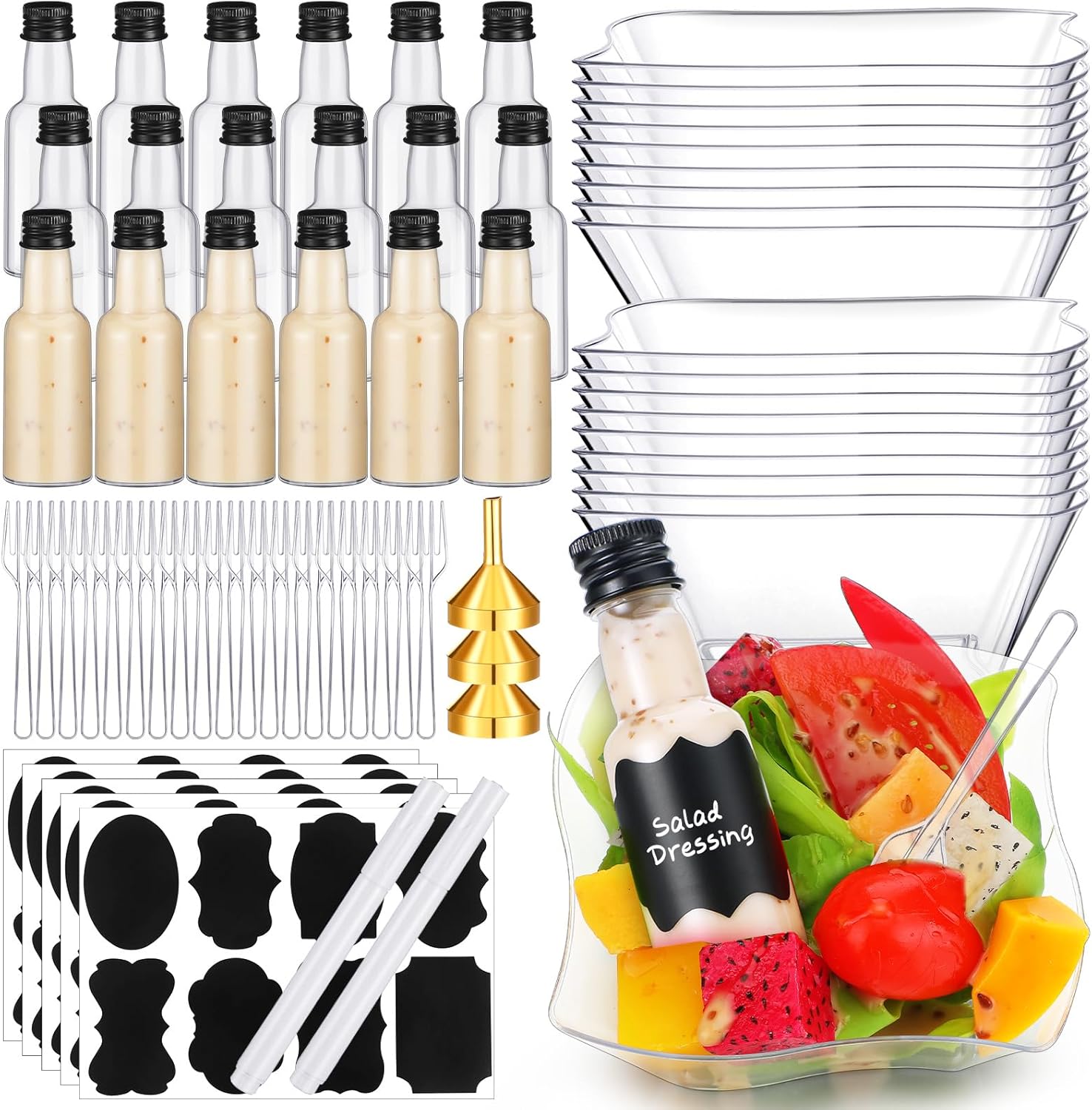 Honeydak 36 Set Salad Appetizer Cups Charcuterie Cups with Mini Dressing Bottles 8oz Square Plastic Serving Bowls Mini Forks Funnels Labels for Dinner Wedding Birthday(Wave)