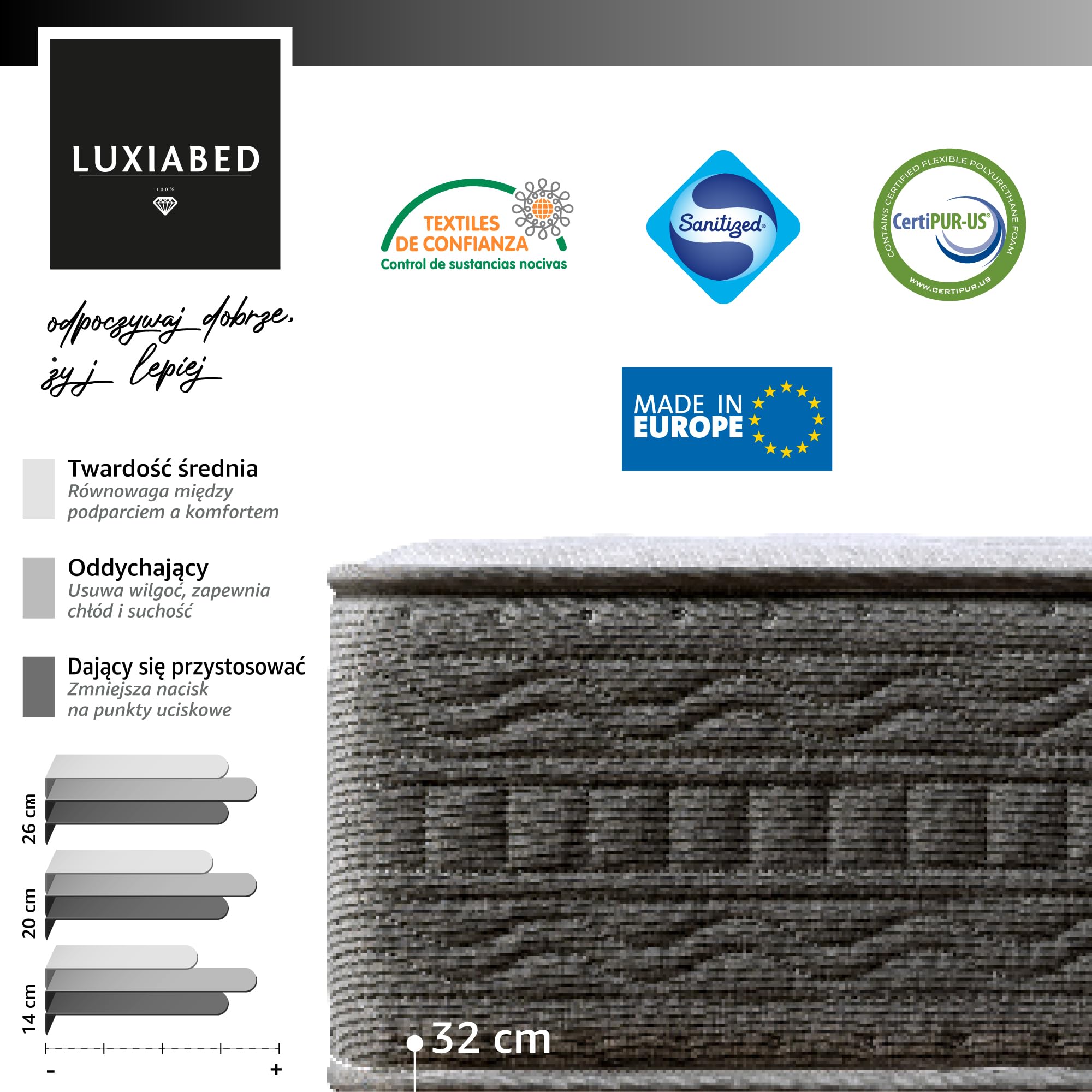 LUXIABED Materac 150x190 Odwracalny Małżeństwo. Wysoki komfort. Oddychający, przeciw roztoczom i przyjazny alergikom. Adaptacyjna Viscoelastica Plus. Komfort + Średnia jędrność Szary. Model Jakość