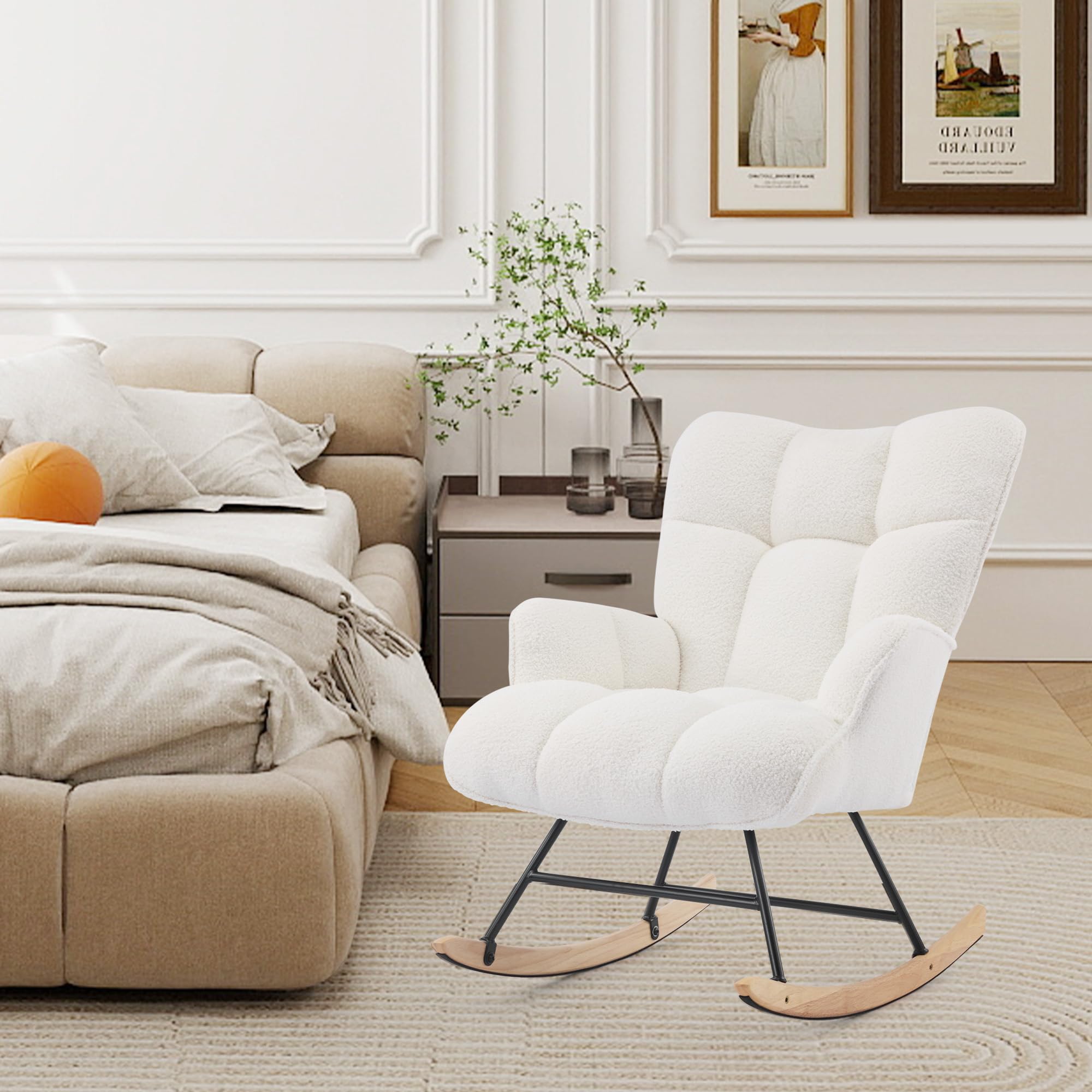 Silla Mecedora para Lactancia, Sillón Balancín Teddy Tapizado en Peluche Suave con Base de Madera Silla de Relax Cómoda con Brazos para Sala, Dormitorio y Habitación Infantil Blanca