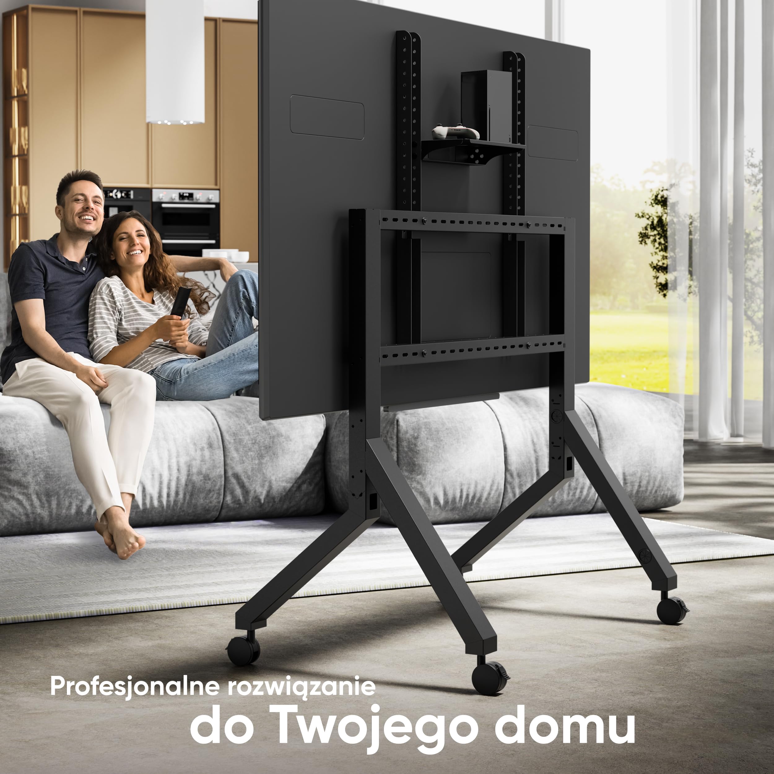 ONKRON Mobilny Stojak TV 70-110 Cali, maks. Nośność 125 kg, Wózek pod Telewizor na Kółkach, VESA 200x200-1000x800 do Dużych Ekranów, Szeroka Podstawa, Półka AV, Czarny TS2081-B