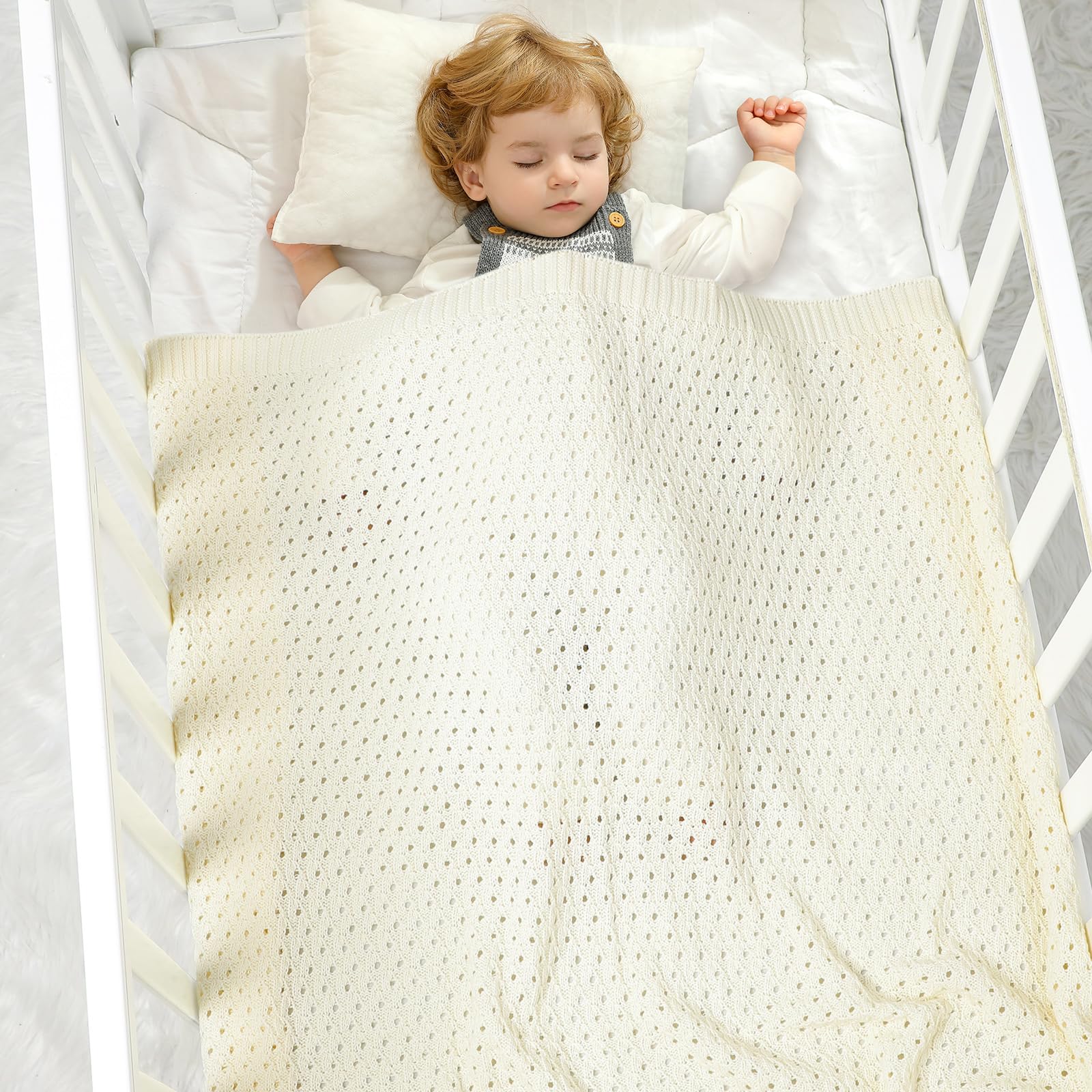 mimixiong 100% Cotton Knitted Cellular Baby Blanket for Boy Girls (Baby White) - Image 2