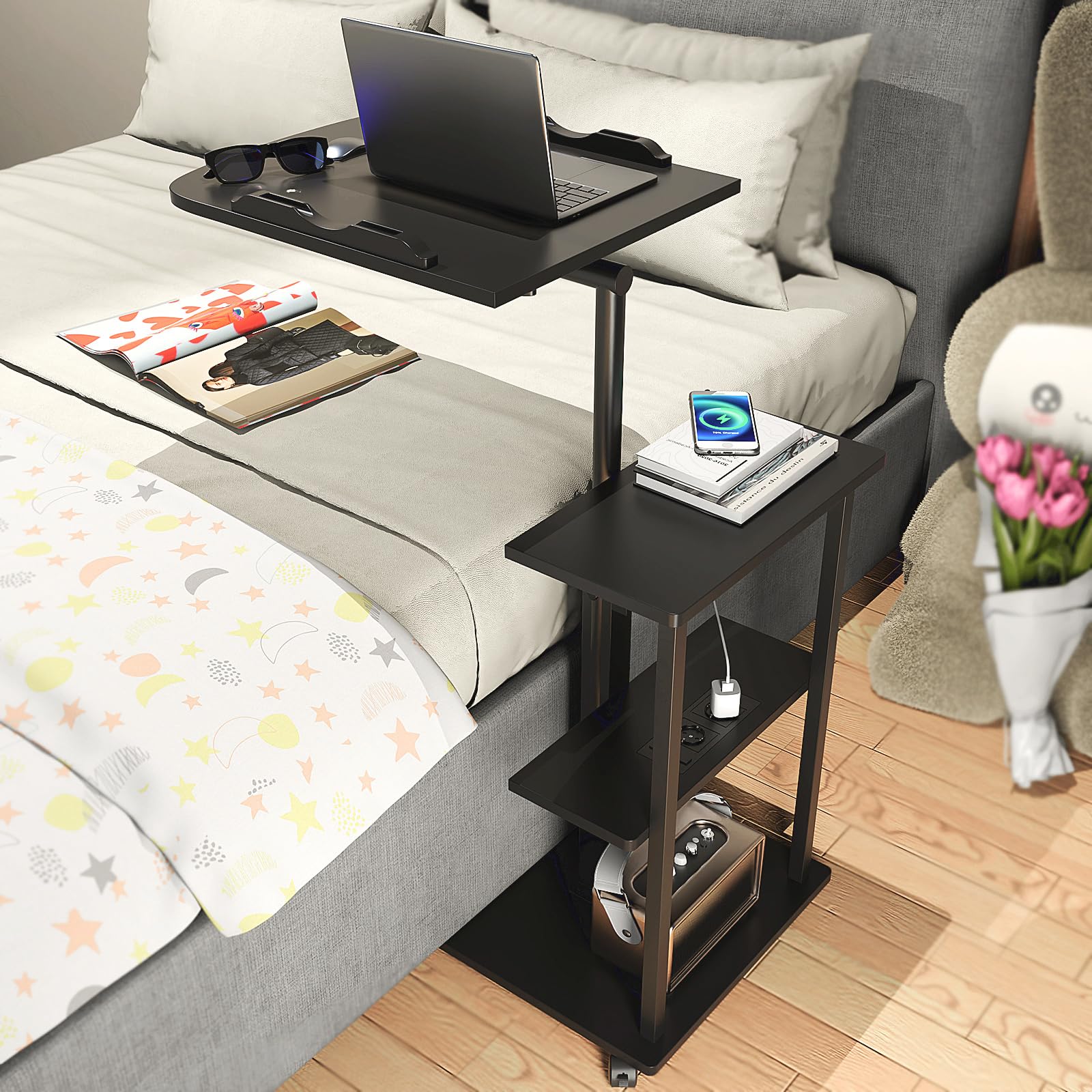 Schreibtische auf Rollen Laptoptisch mit Steckdose Höhenverstellbar Der Desktop kann umgedreht Werden Stehpulte Sofatisch mit Rollen Kaffeetisch Schlafzimmer, Wohnzimmer