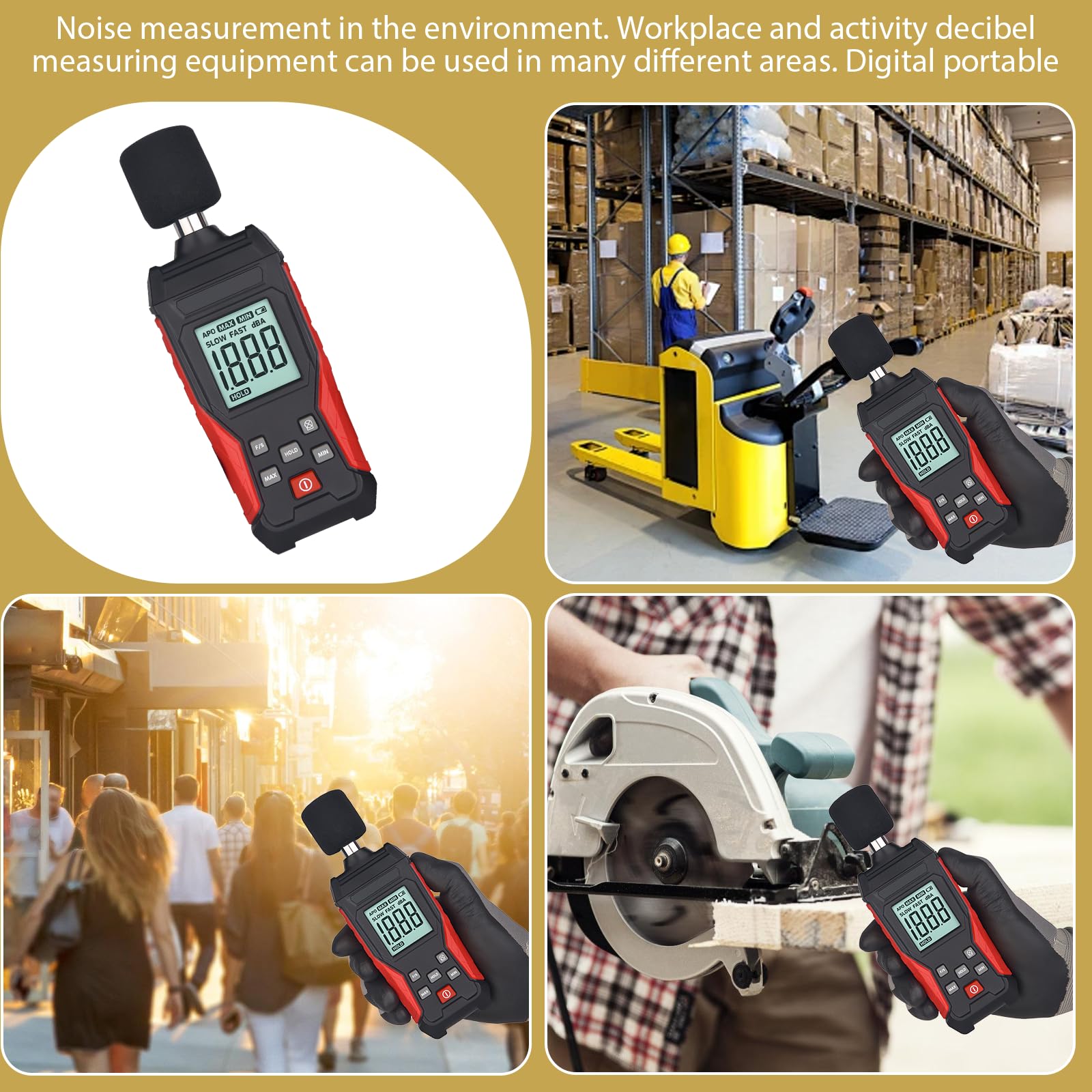 Medidor de decibelios profesional con almacenamiento de datos | Medidor de nivel de sonido digital portátil | Medidor de nivel de sonido 30 – 130 dB (A/C) para casa, obra, oficina | Iluminación LCD