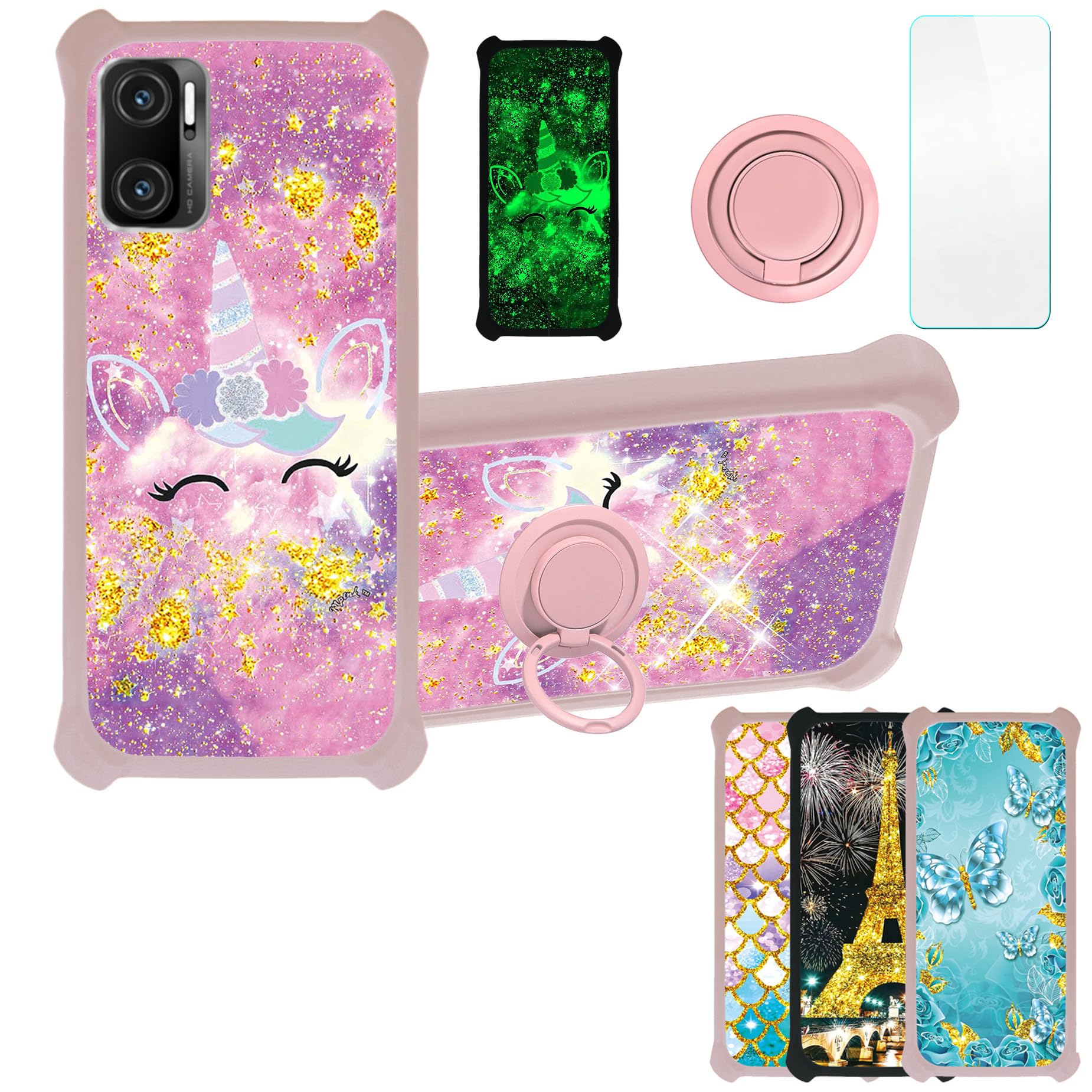 Maxwest Nitro N62 Case Compatible with MAXWEST Nitro N62 Phone Case Cover [with Tempered Glass Screen Protector][Ring Support][Gold Glitter+Luminous] JSF-DJS