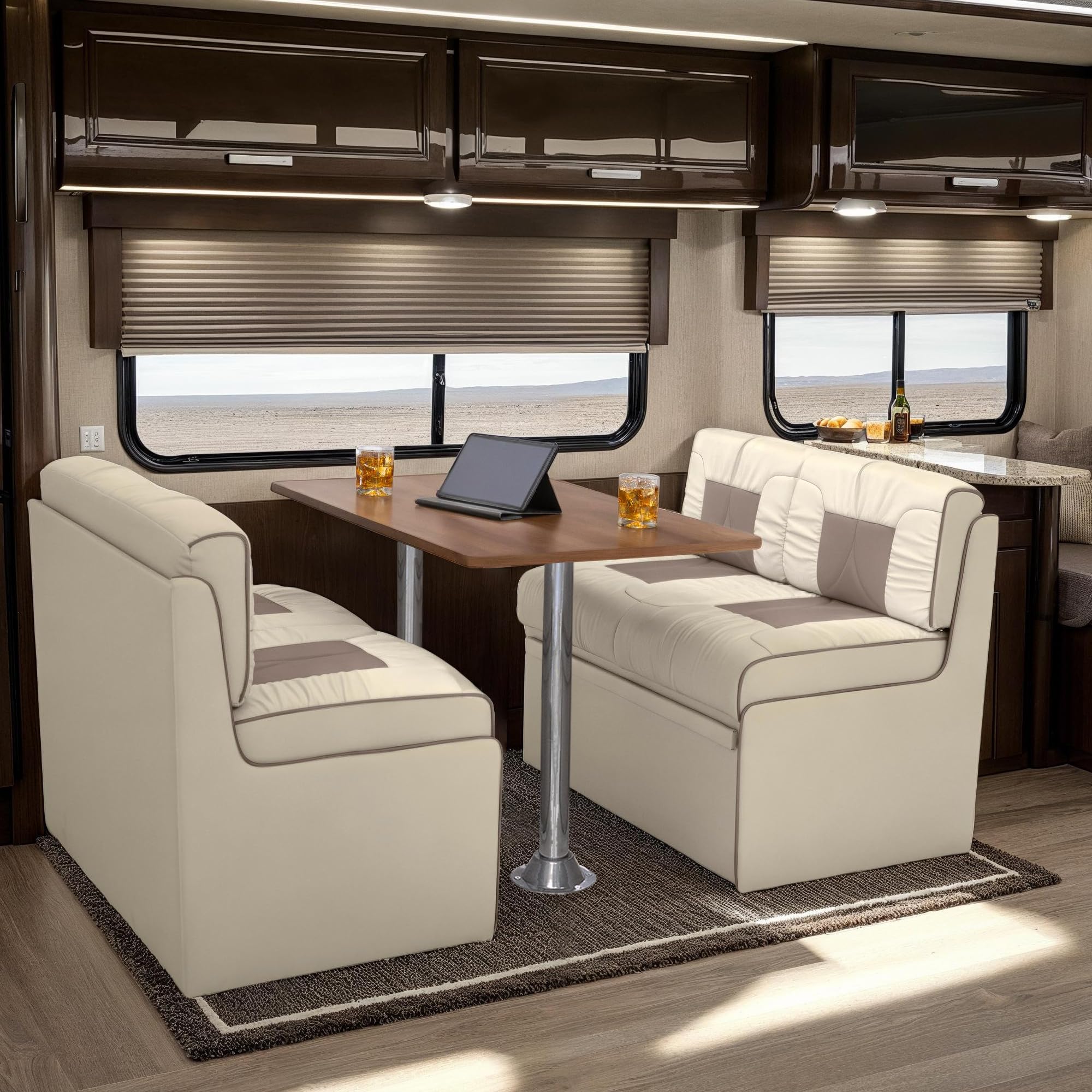 Qualitex De Leon RV Dinette, Bed with Storage, w/Oak Table, Ultimate Leather, Bisque and Light Antelope