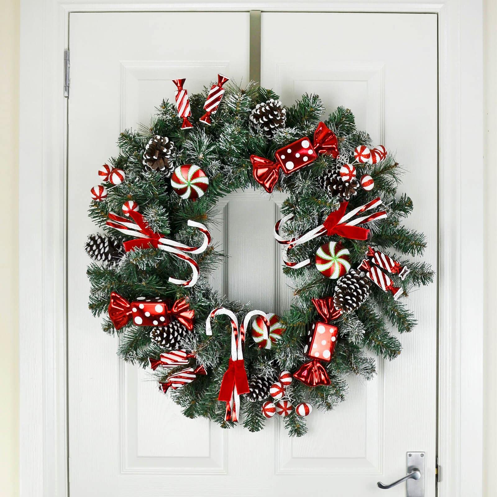 75cm Christmas Wreath Pine Cones Candy Canes Red Sweets Artificial Snow Frosted