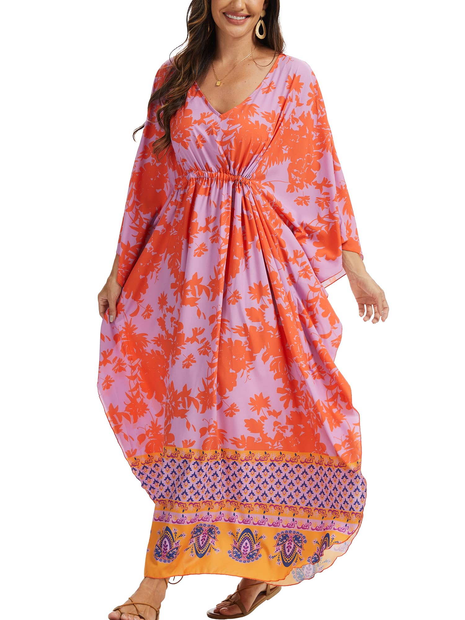 Kaftan Dresses for Women V Neck Summer Swimsuit Cover up Caftan Plus Size Maxi Beach Dresses, A-red Purple-image-36