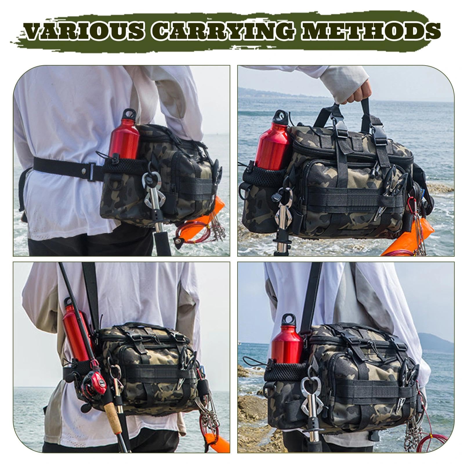 Borsa da Pesca Impermeabile Oxford Alta Capacita con Tracolla Regolabile e Organizzatore per Canna Mulinelli Esche e Attrezzatura Outdoor (Version C)